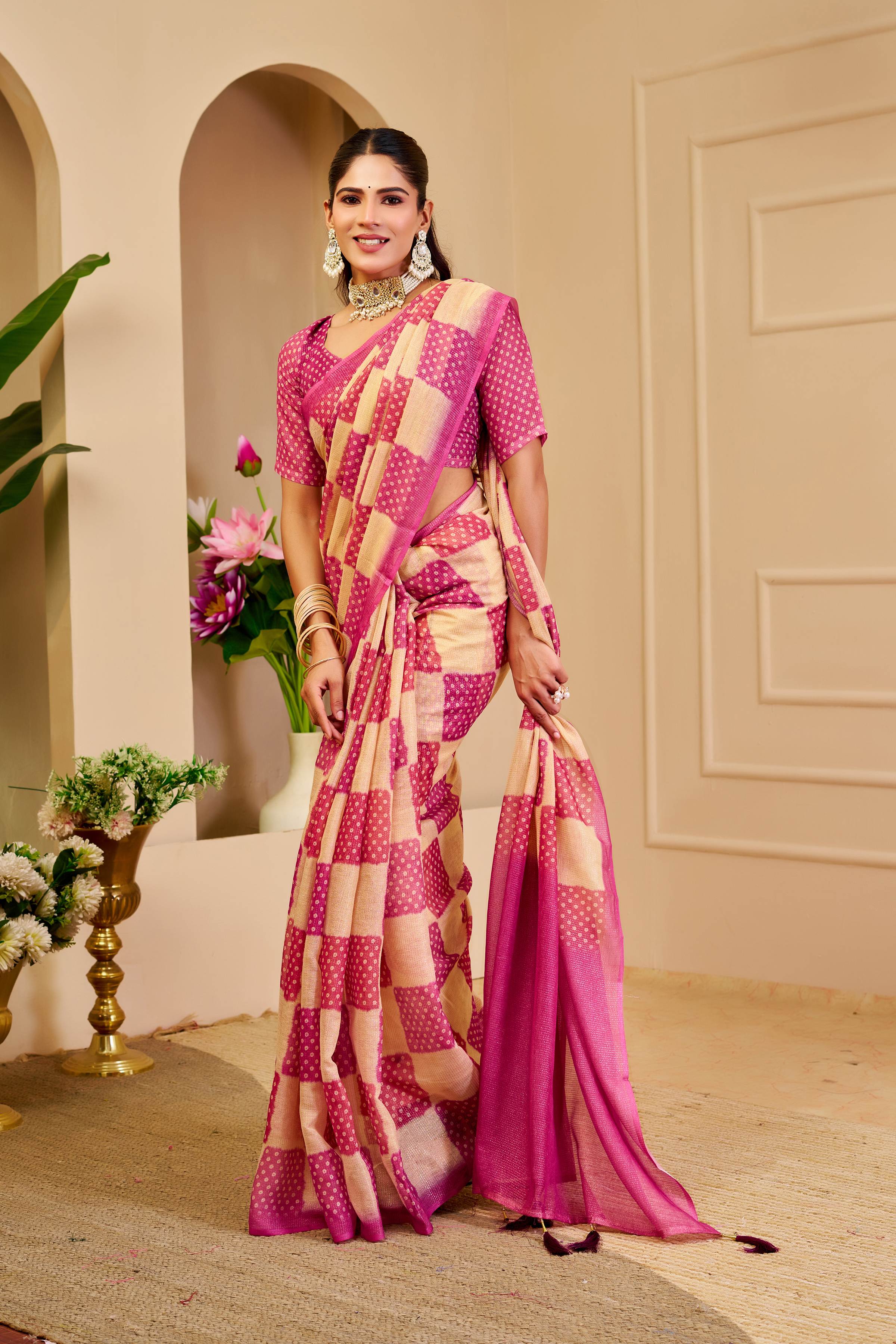 Cream Pink Tissue Handloom Cotton Saree with Zari