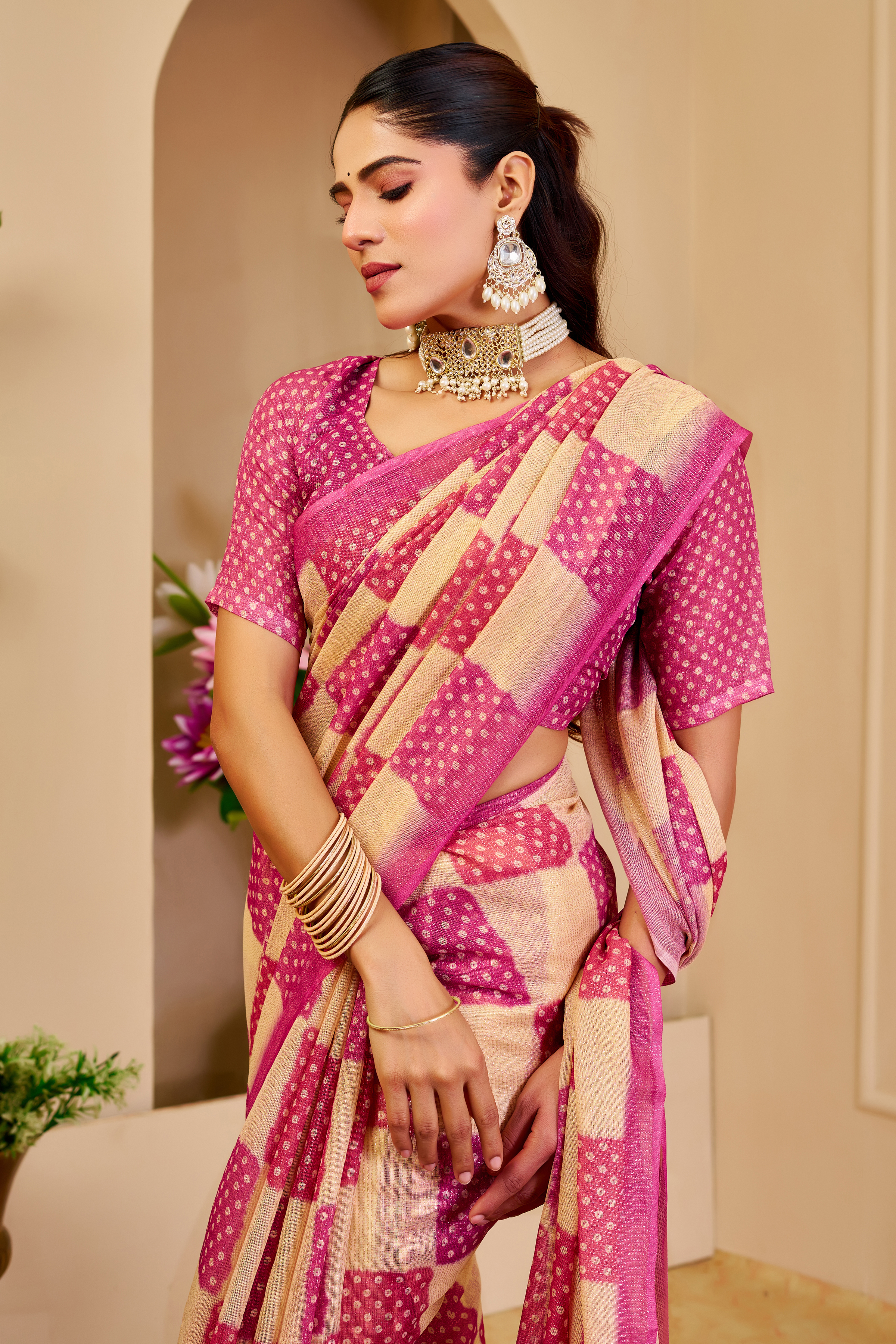 Cream Pink Tissue Handloom Cotton Saree with Zari