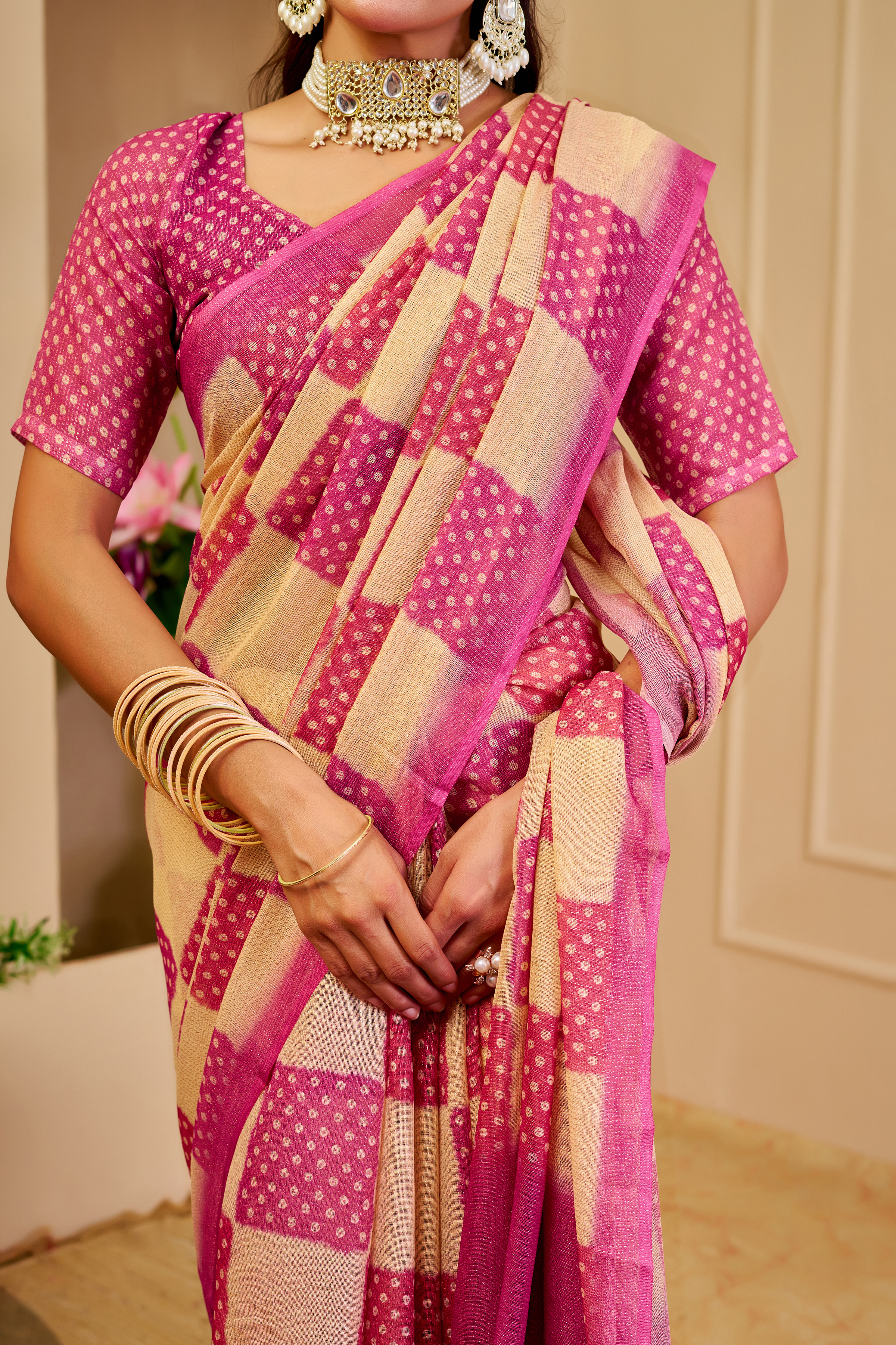 Cream Pink Tissue Handloom Cotton Saree with Zari