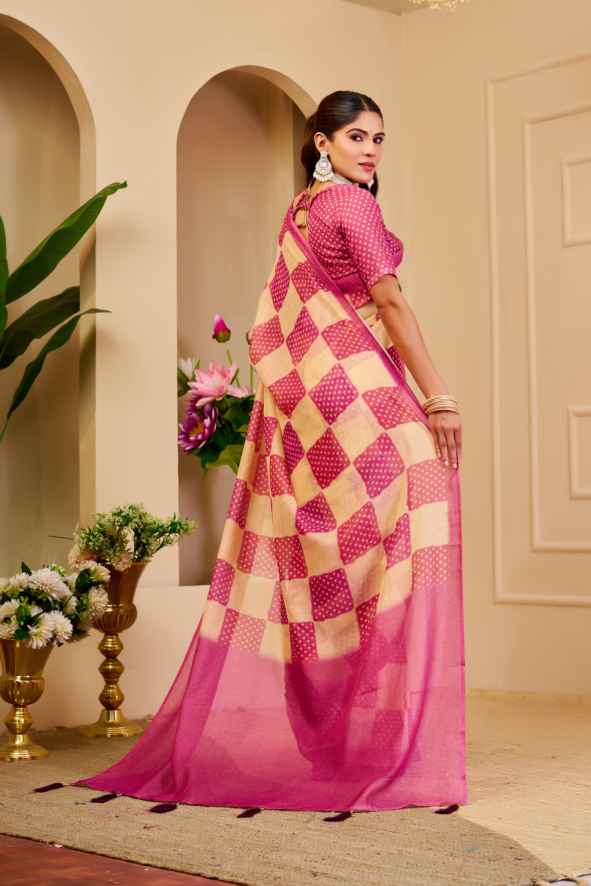 Cream Pink Tissue Handloom Cotton Saree with Zari