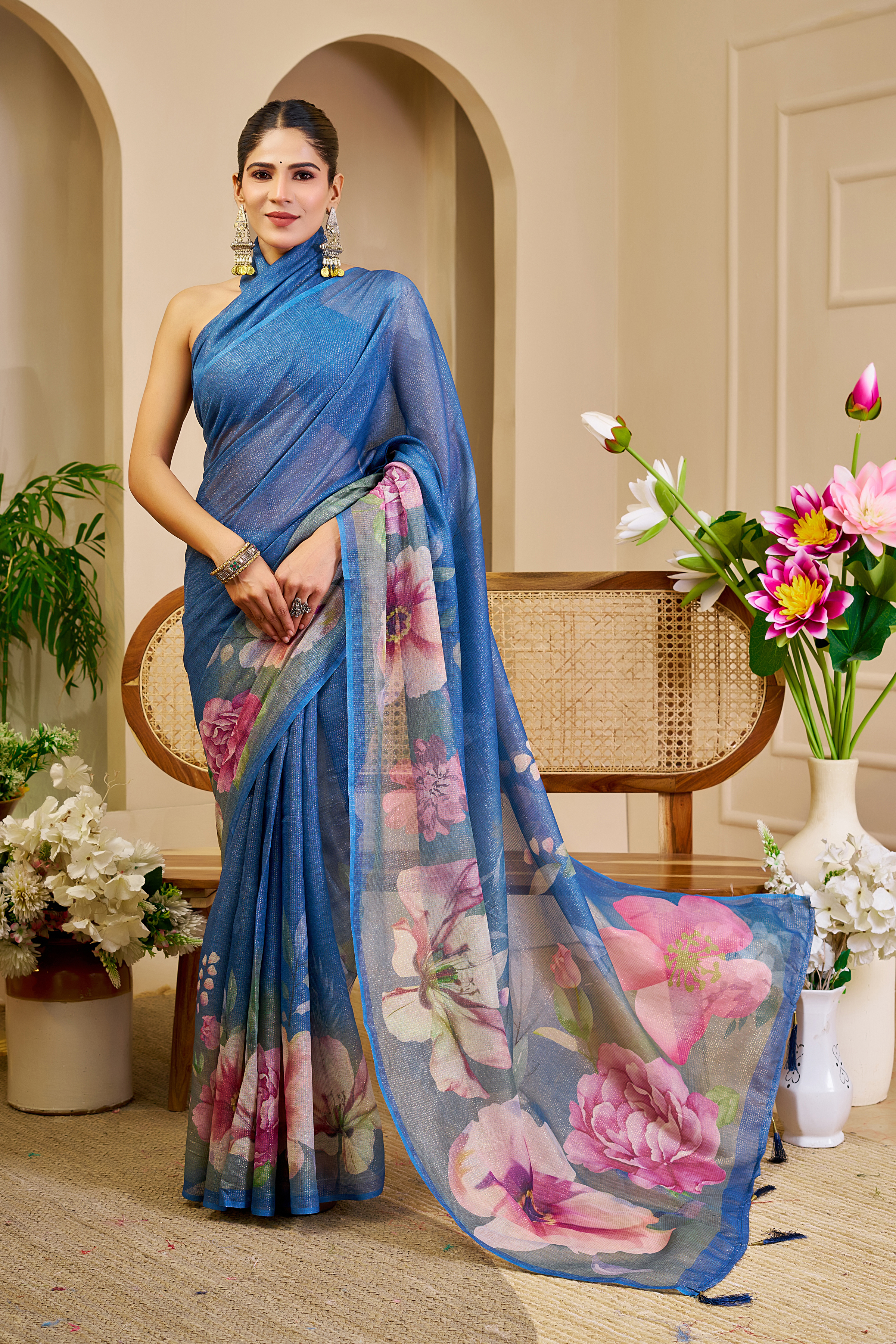 Blue Tissue Handloom Cotton Saree with Floral Digital Print & Zari