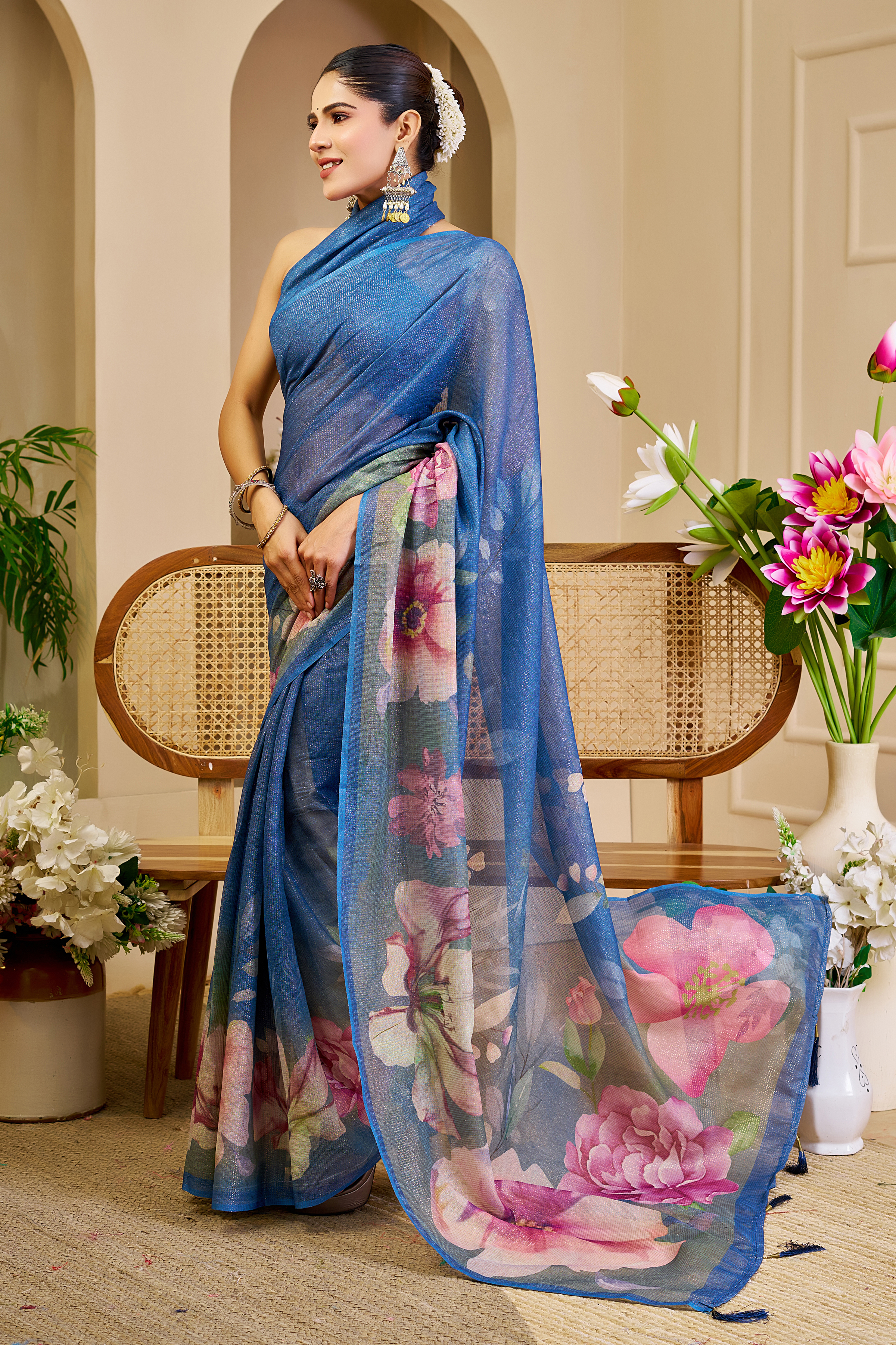 Blue Tissue Handloom Cotton Saree with Floral Digital Print & Zari
