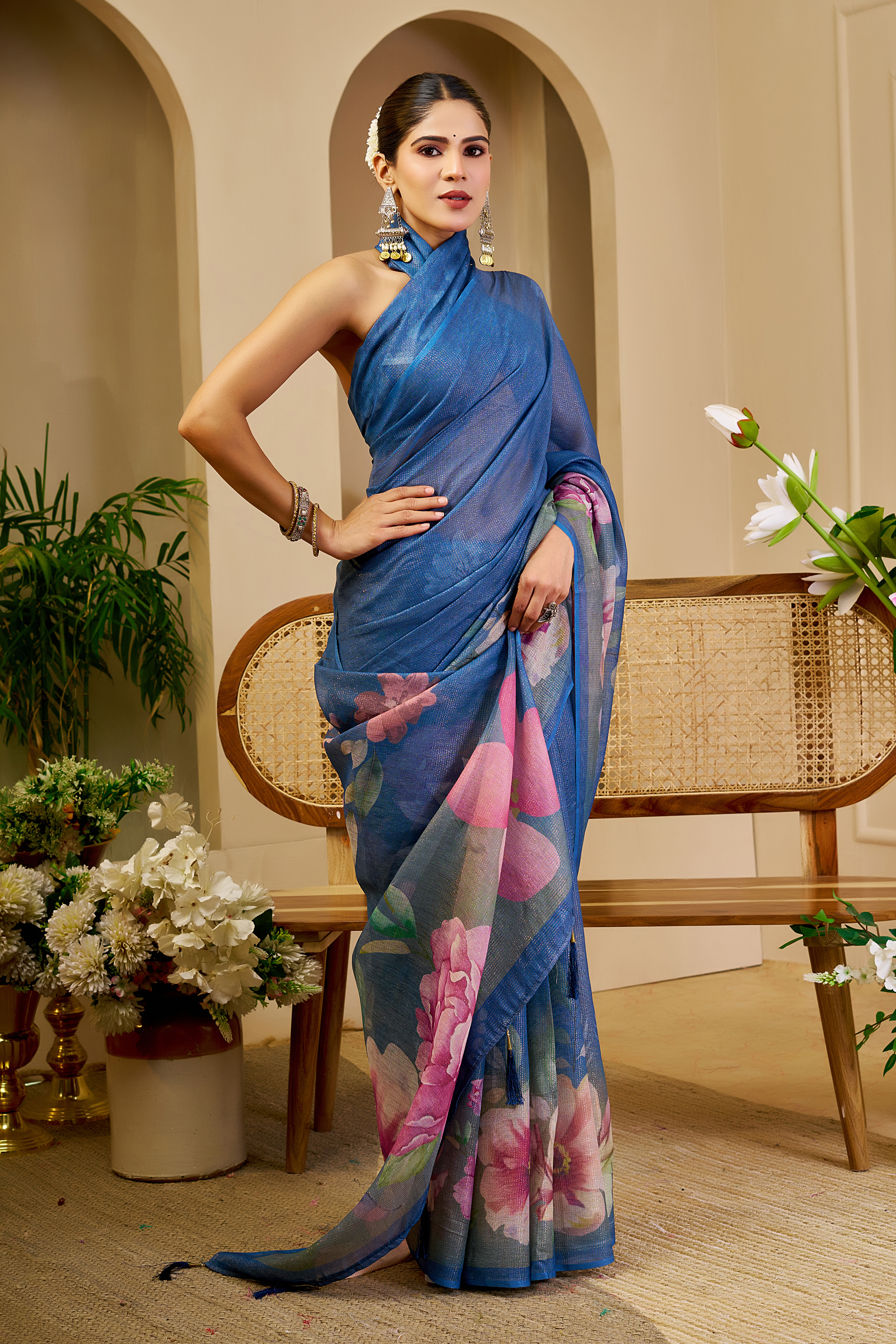 Blue Tissue Handloom Cotton Saree with Floral Digital Print & Zari