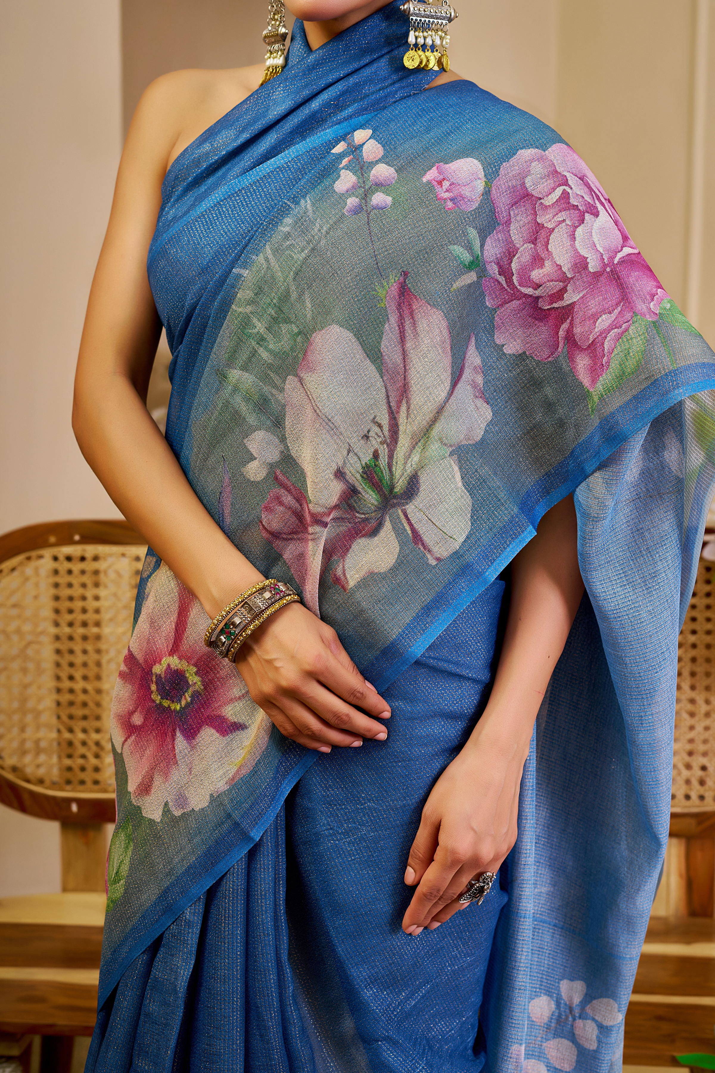 Blue Tissue Handloom Cotton Saree with Floral Digital Print & Zari