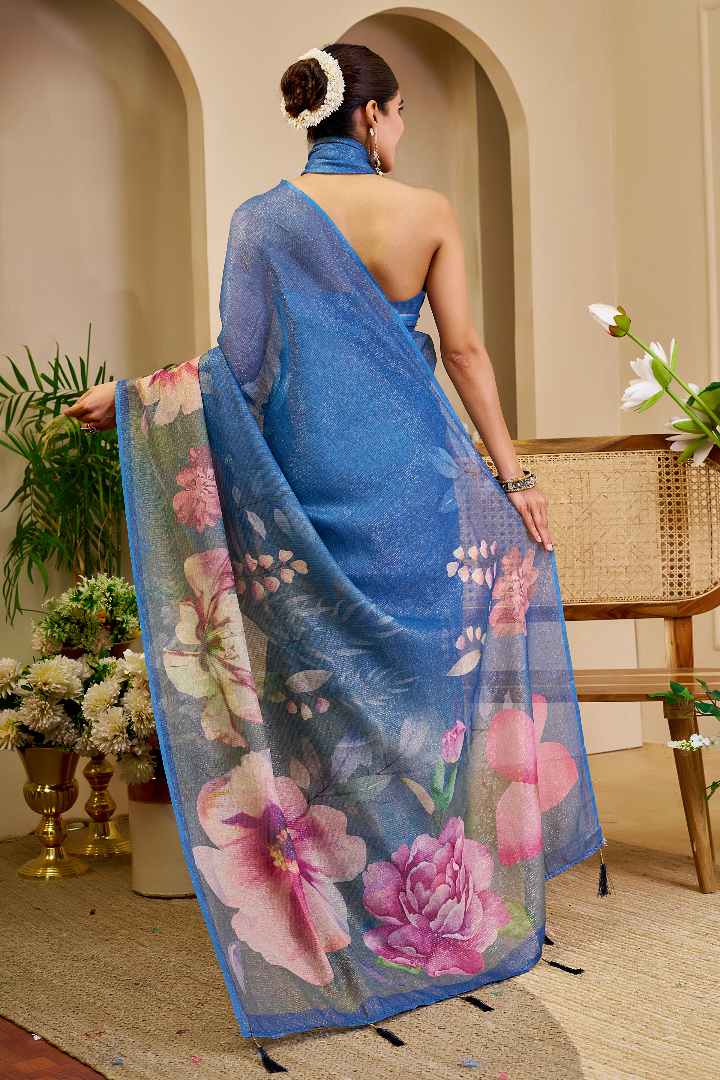 Blue Tissue Handloom Cotton Saree with Floral Digital Print & Zari