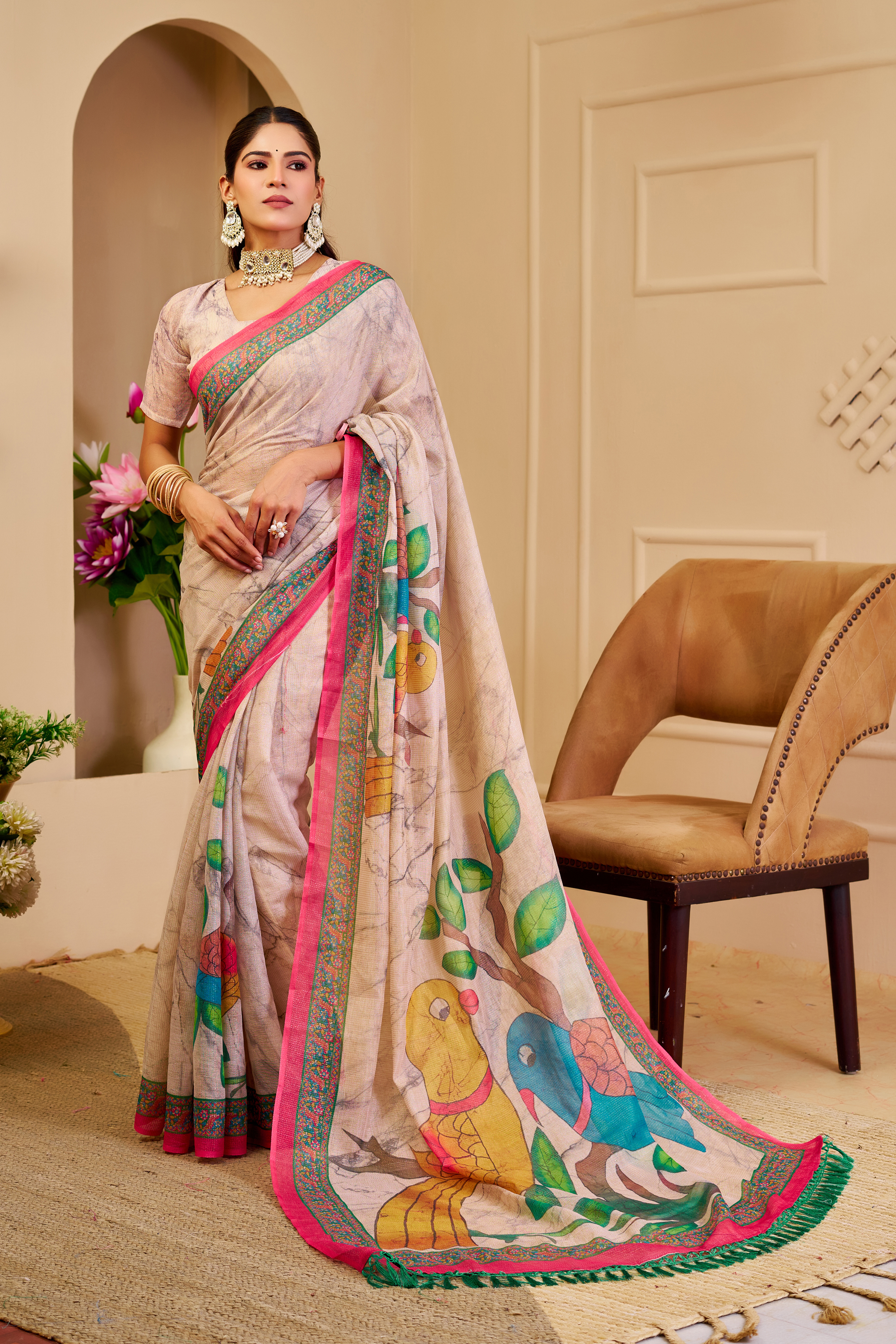 Cream Floral Tissue Handloom Cotton Saree with Zari Weaving
