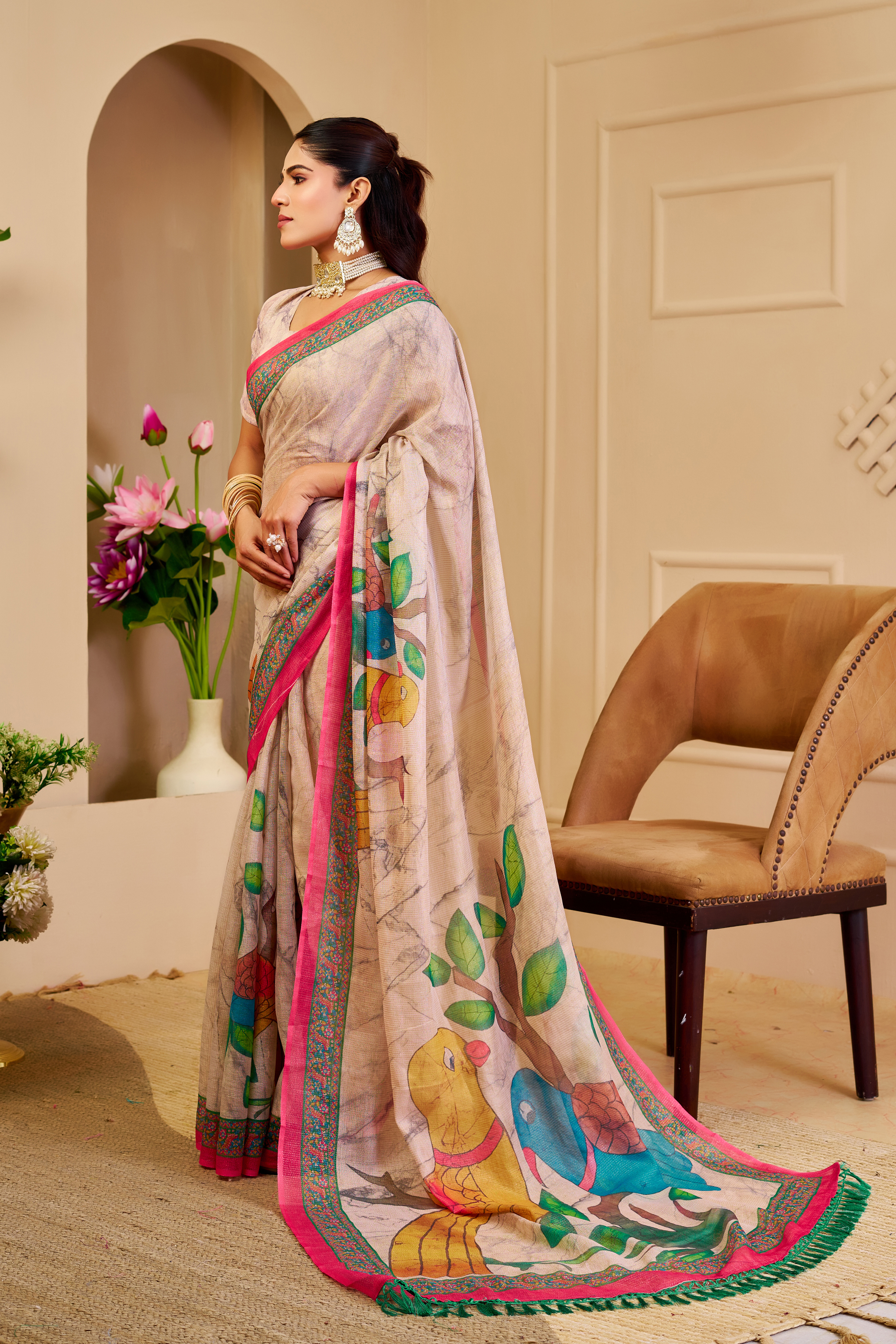 Cream Floral Tissue Handloom Cotton Saree with Zari Weaving