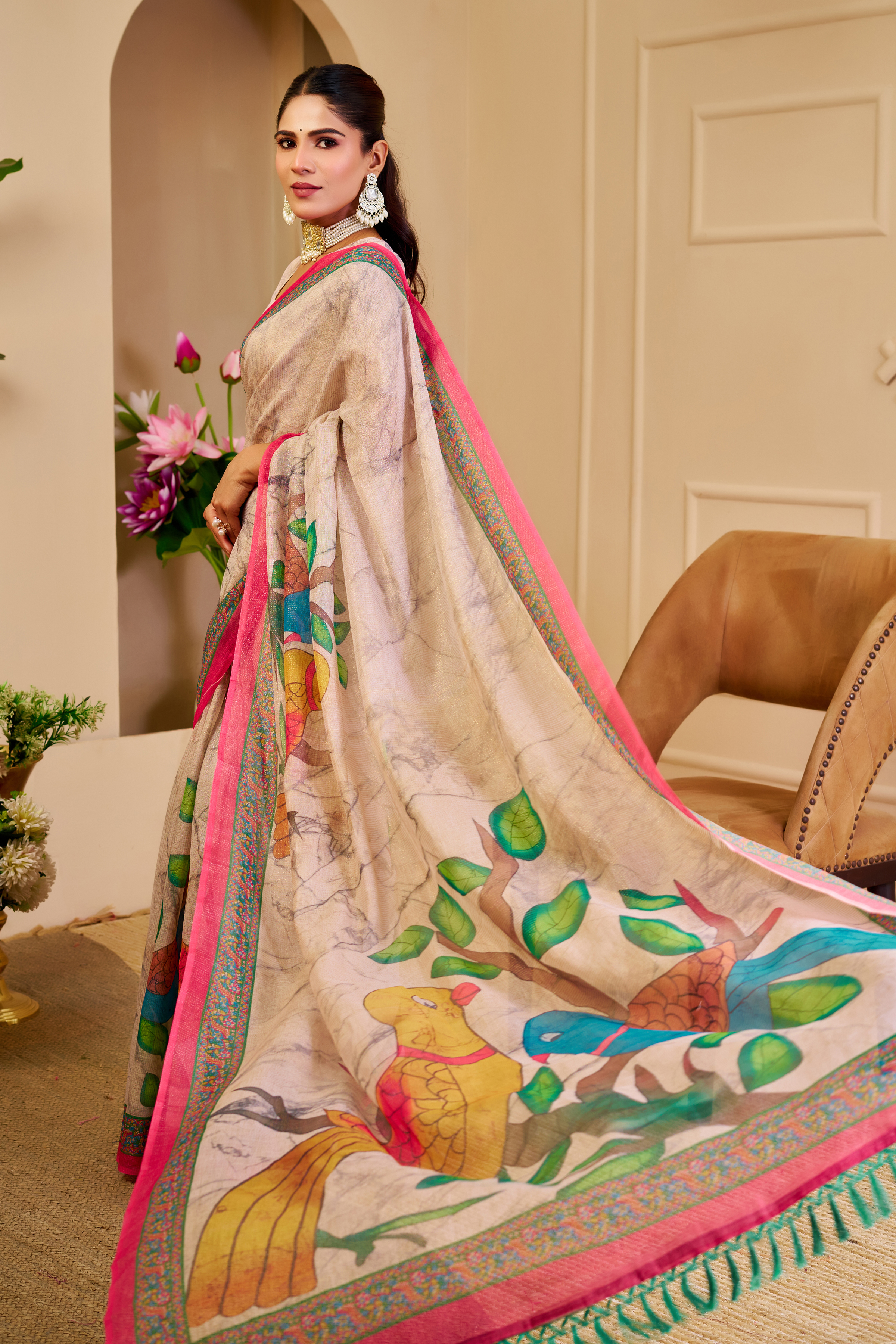 Cream Floral Tissue Handloom Cotton Saree with Zari Weaving