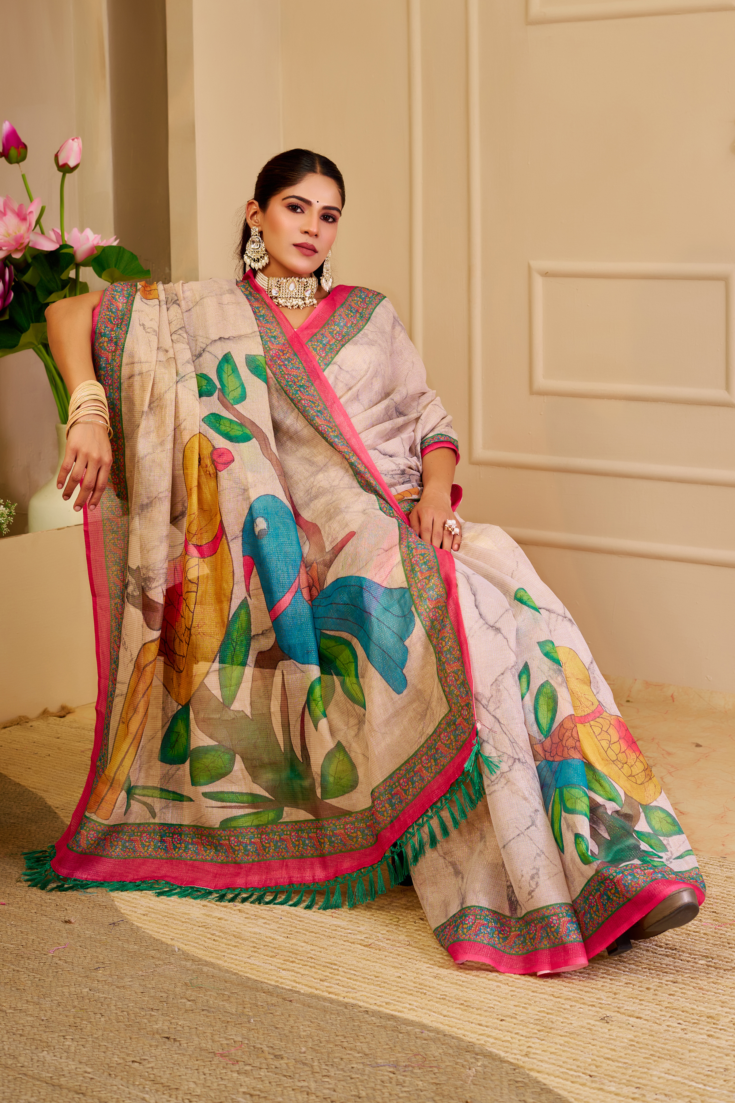 Cream Floral Tissue Handloom Cotton Saree with Zari Weaving