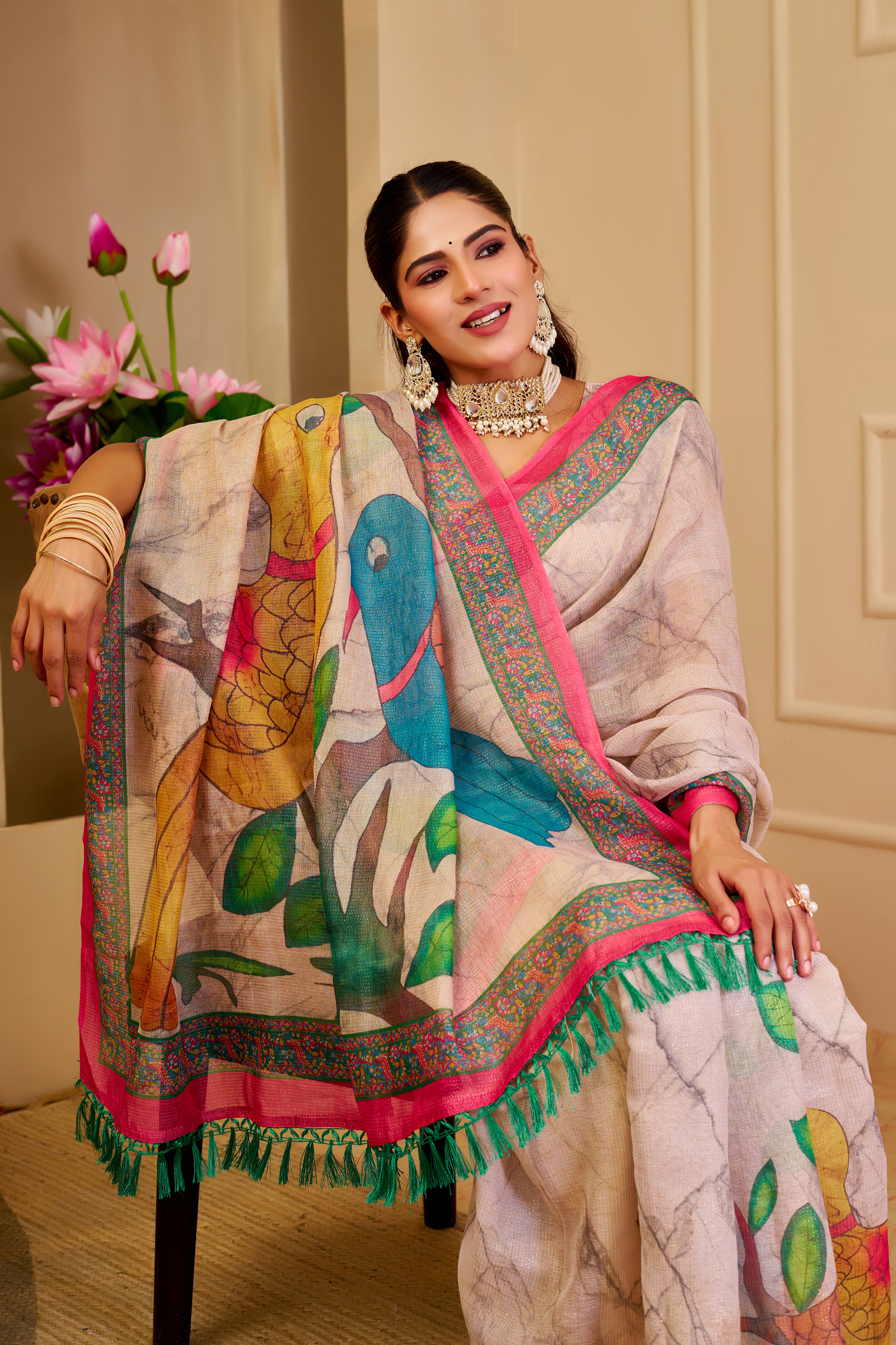 Cream Floral Tissue Handloom Cotton Saree with Zari Weaving