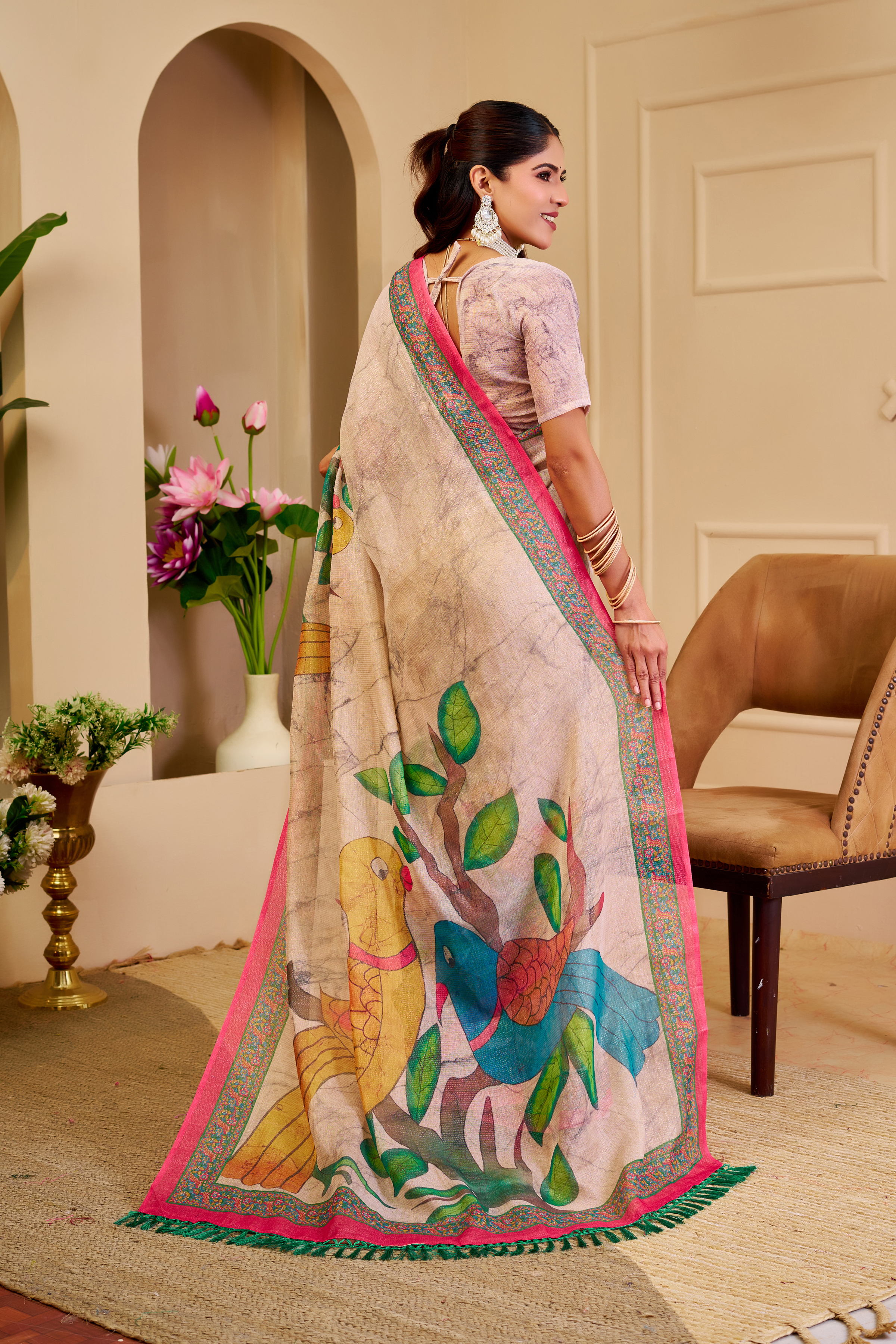 Cream Floral Tissue Handloom Cotton Saree with Zari Weaving