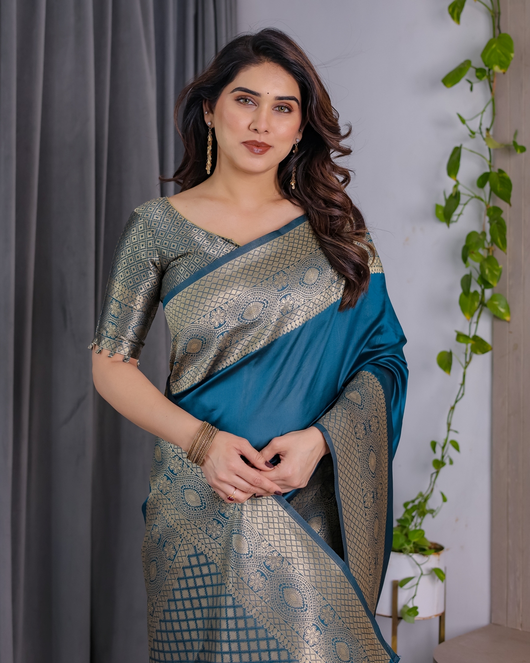 eal Blue Banarasi Silk Saree with Jacquard Zari Border
