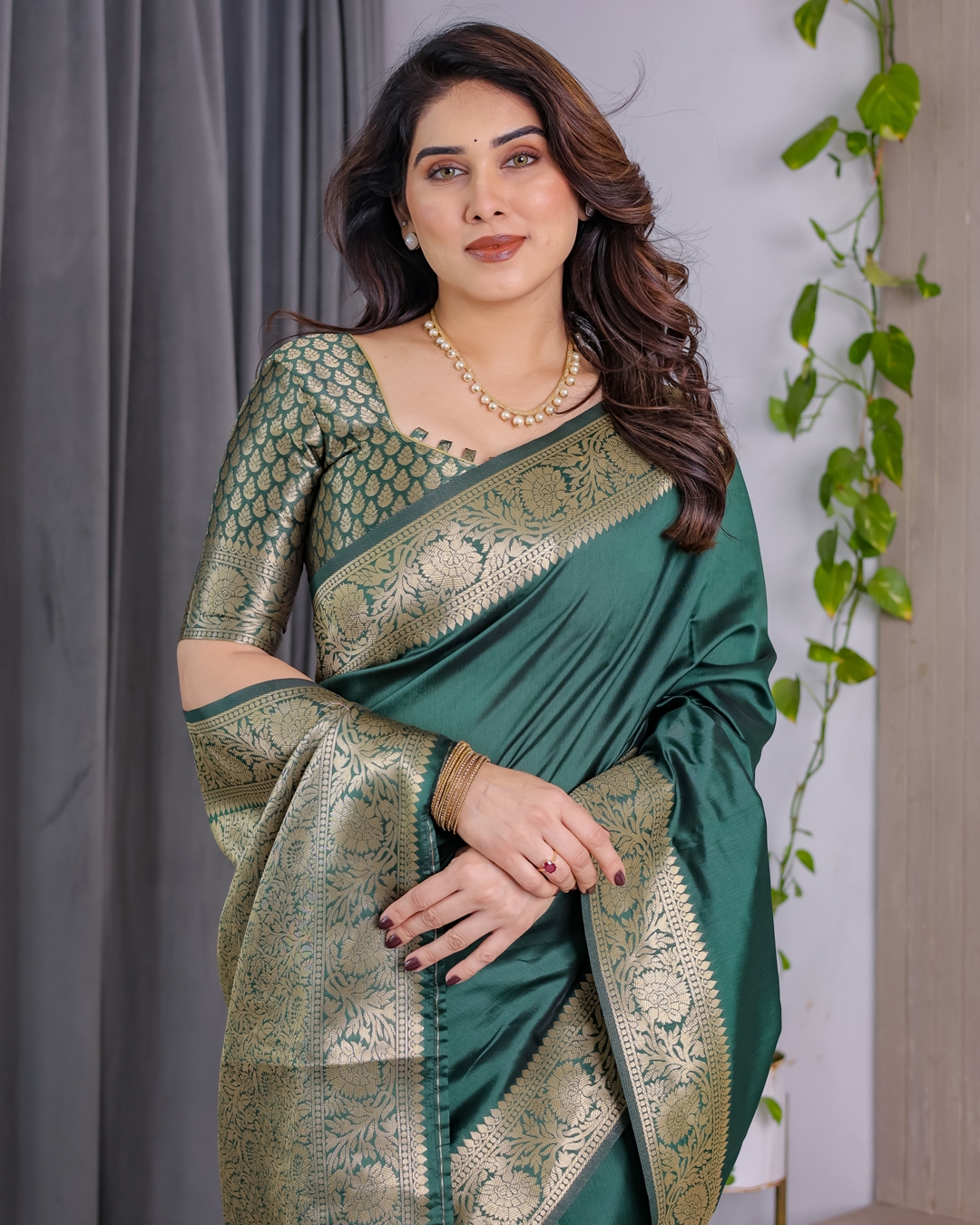 Green Banarasi Soft Silk Saree with Golden Jacquard Border
