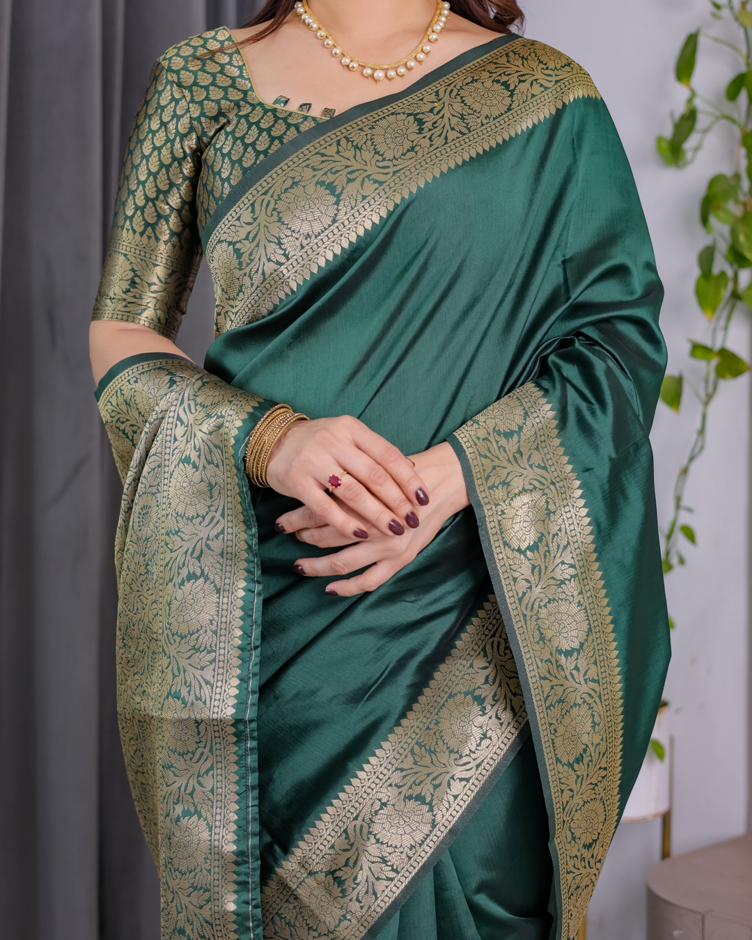 Green Banarasi Soft Silk Saree with Golden Jacquard Border