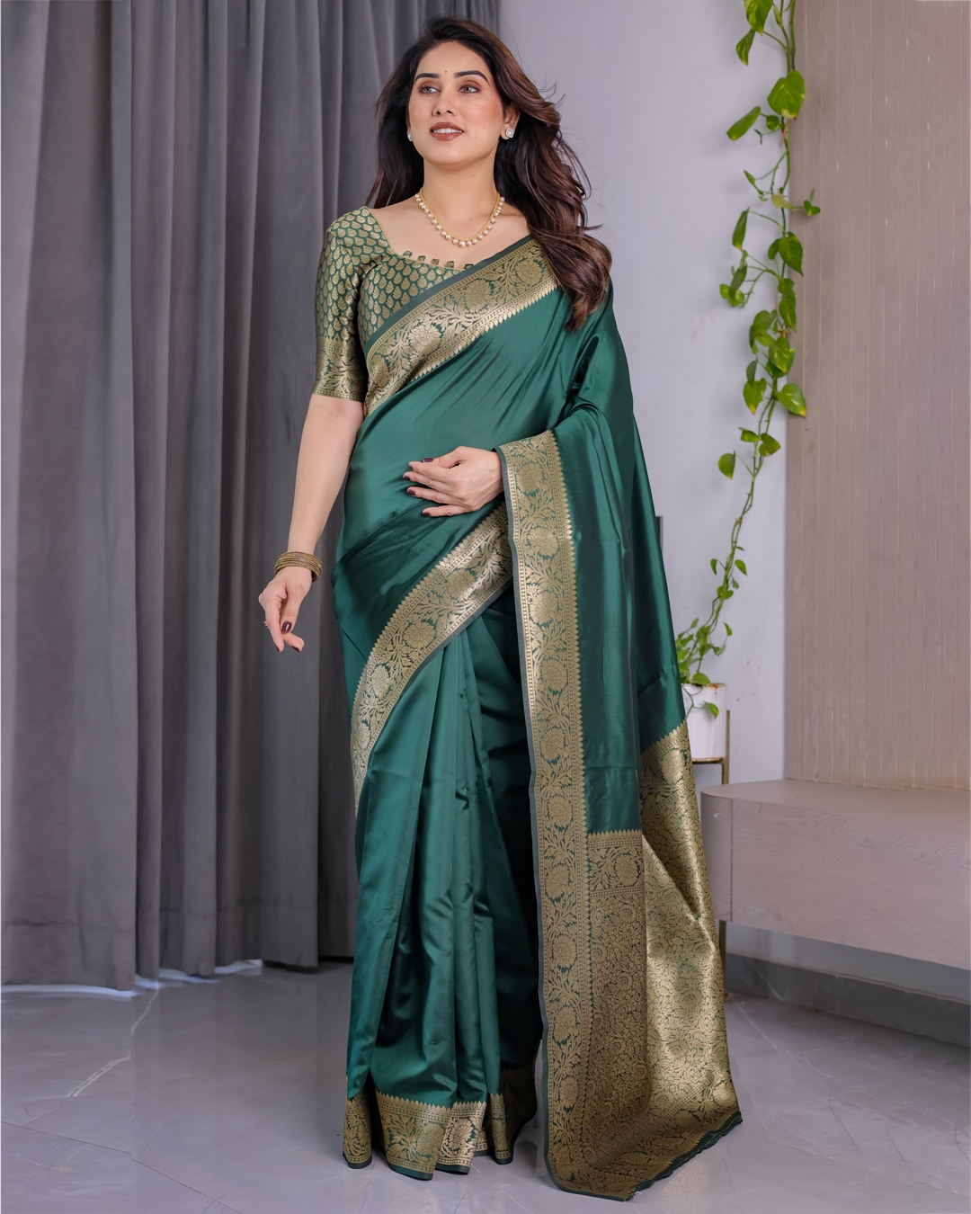 Green Banarasi Soft Silk Saree with Golden Jacquard Border