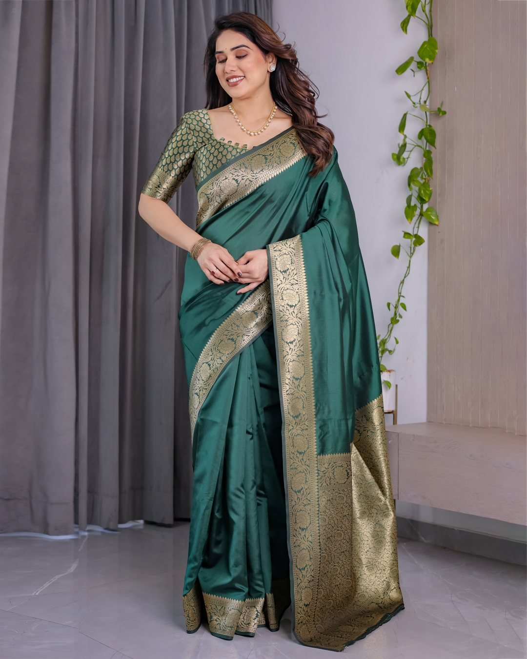 Green Banarasi Soft Silk Saree with Golden Jacquard Border