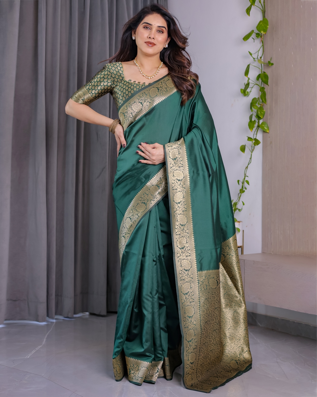 Green Banarasi Soft Silk Saree with Golden Jacquard Border