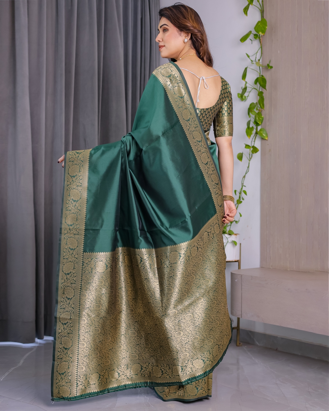 Green Banarasi Soft Silk Saree with Golden Jacquard Border
