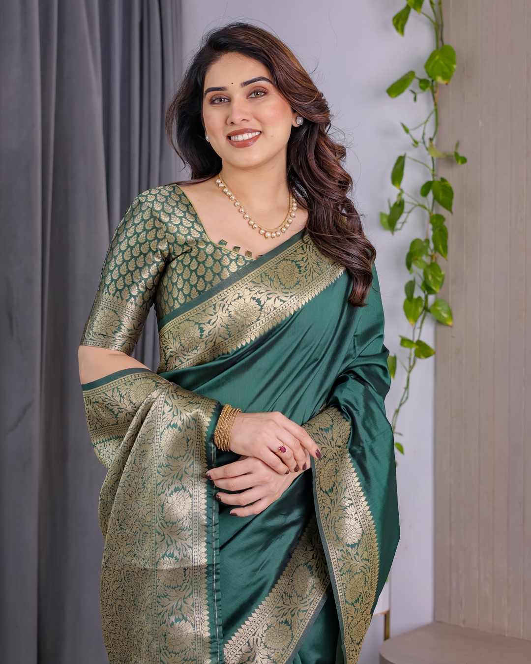 Green Banarasi Soft Silk Saree with Golden Jacquard Border