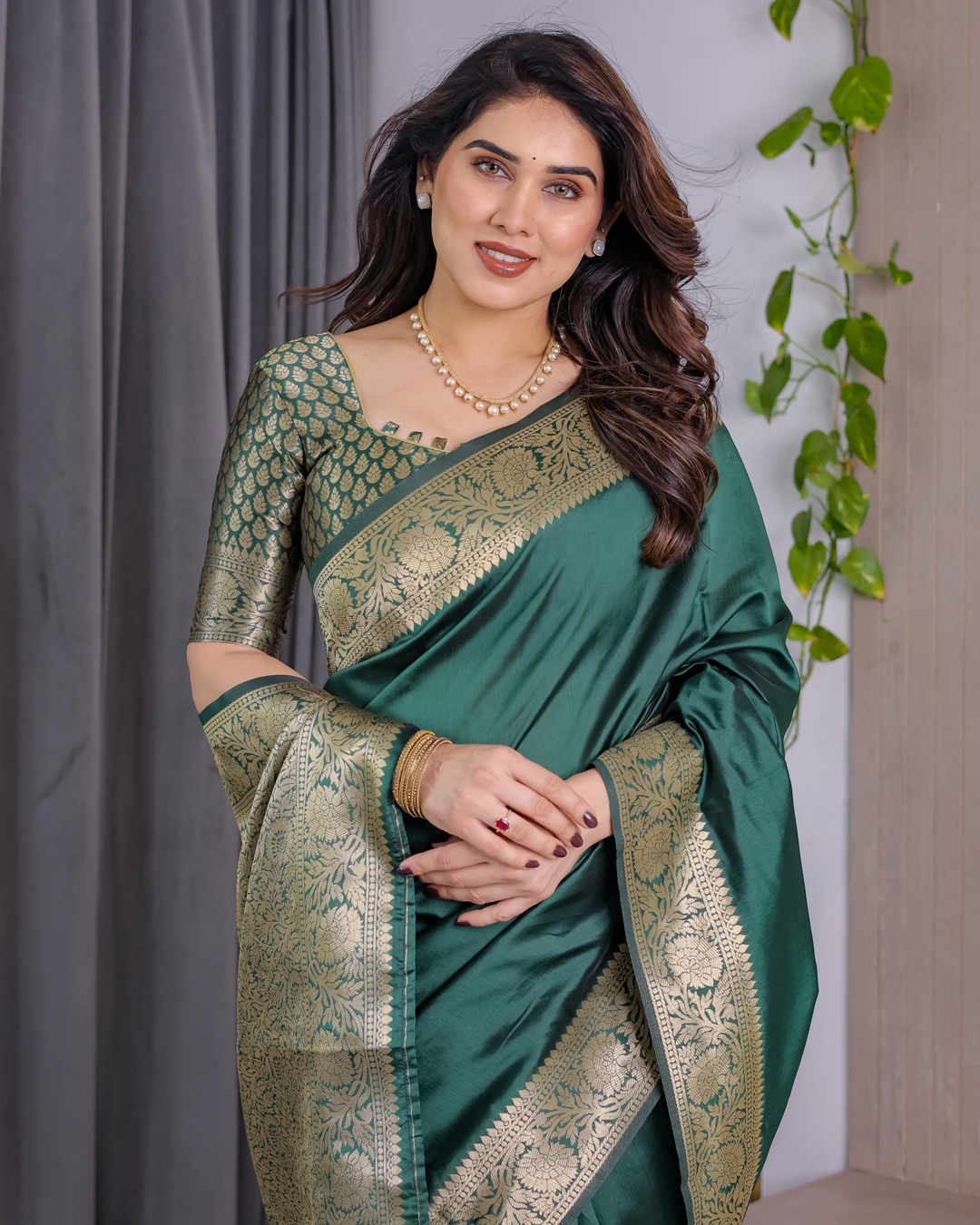 Green Banarasi Soft Silk Saree with Golden Jacquard Border