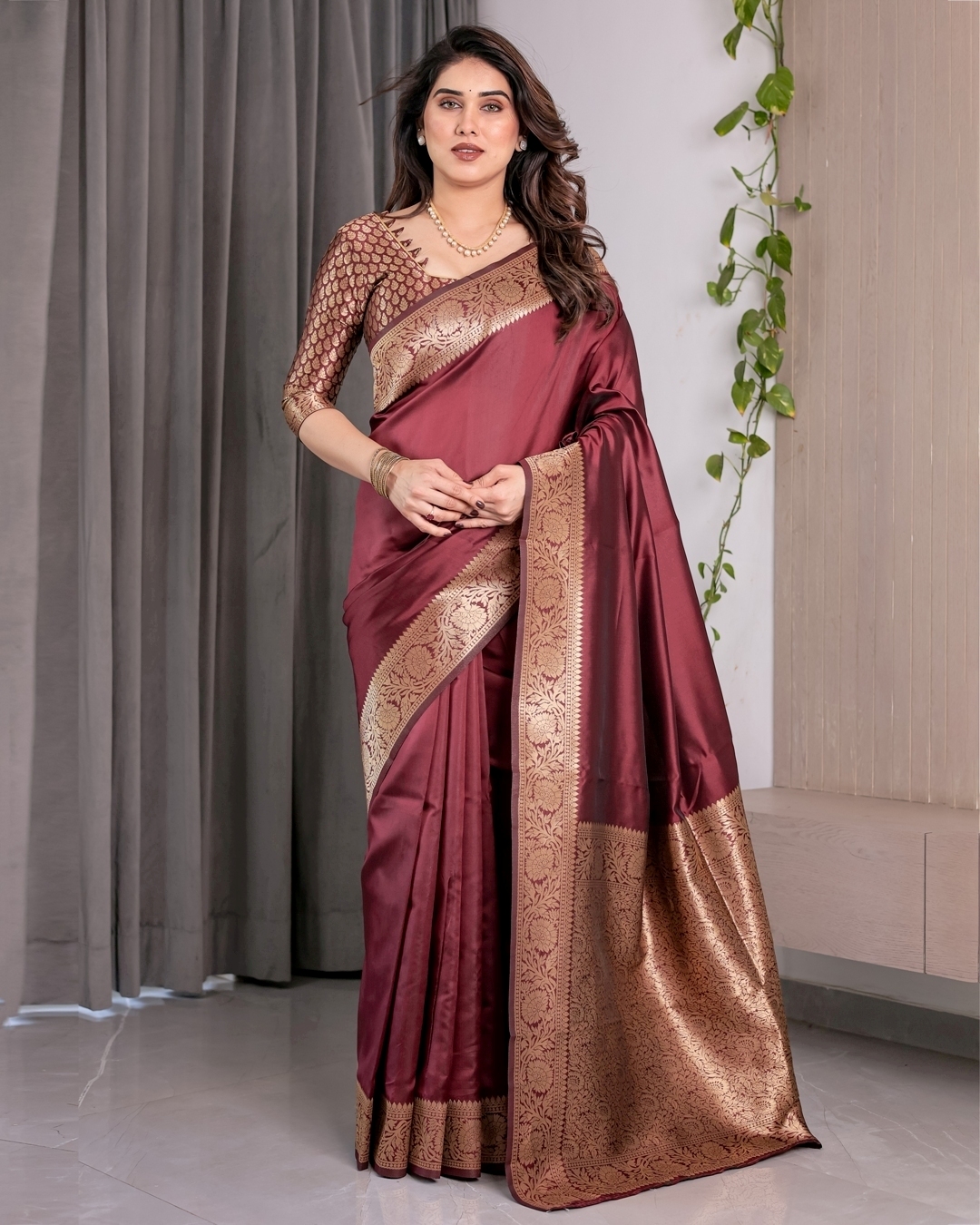 Wine Banarasi Soft Silk Saree With Golden Zari Border - Maroon, Wine, Burgundy