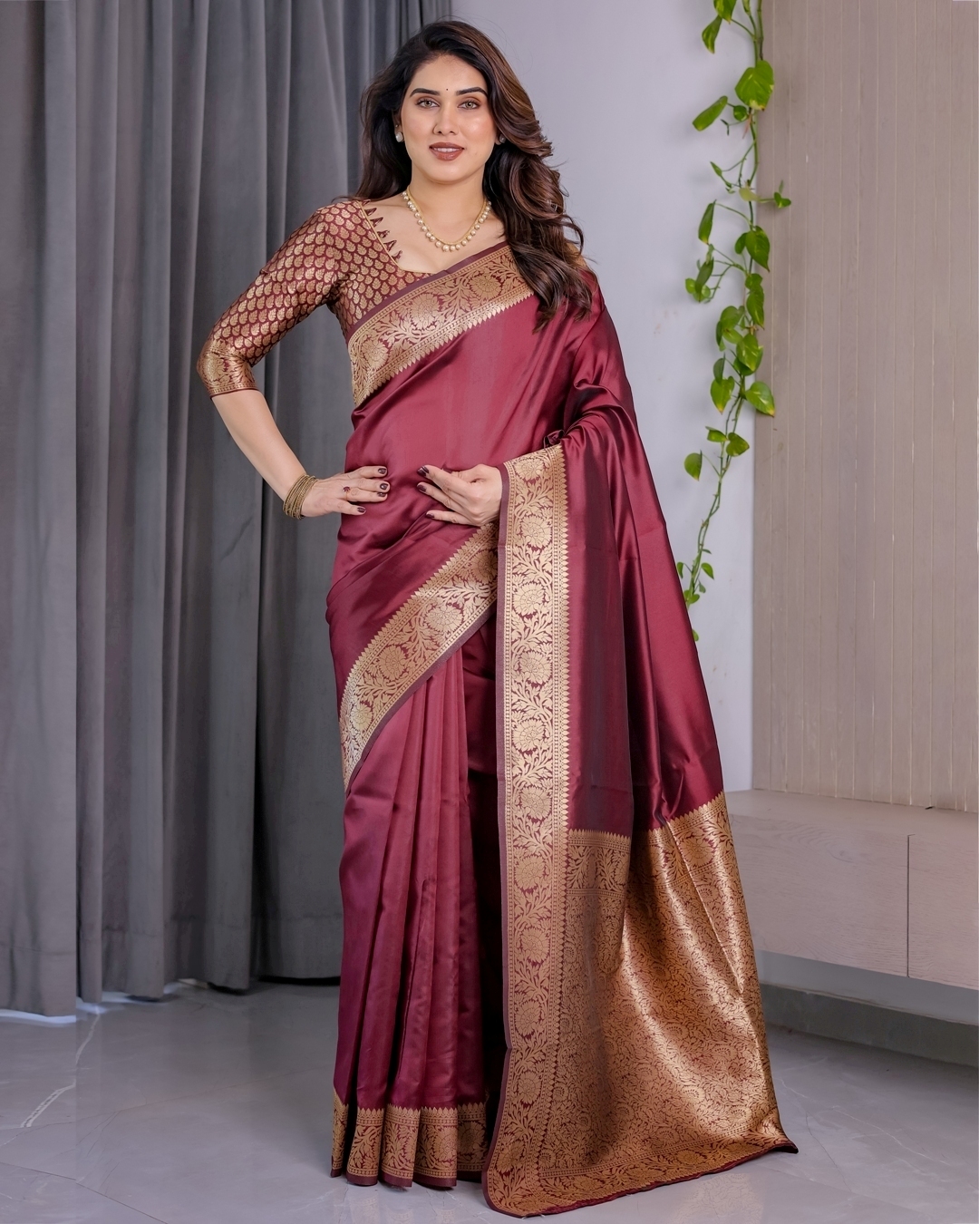 Wine Banarasi Soft Silk Saree With Golden Zari Border