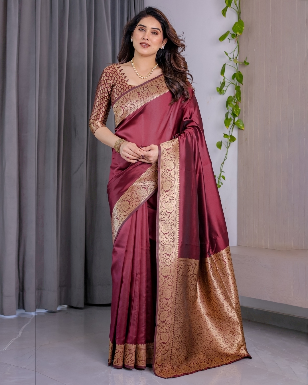 Wine Banarasi Soft Silk Saree With Golden Zari Border