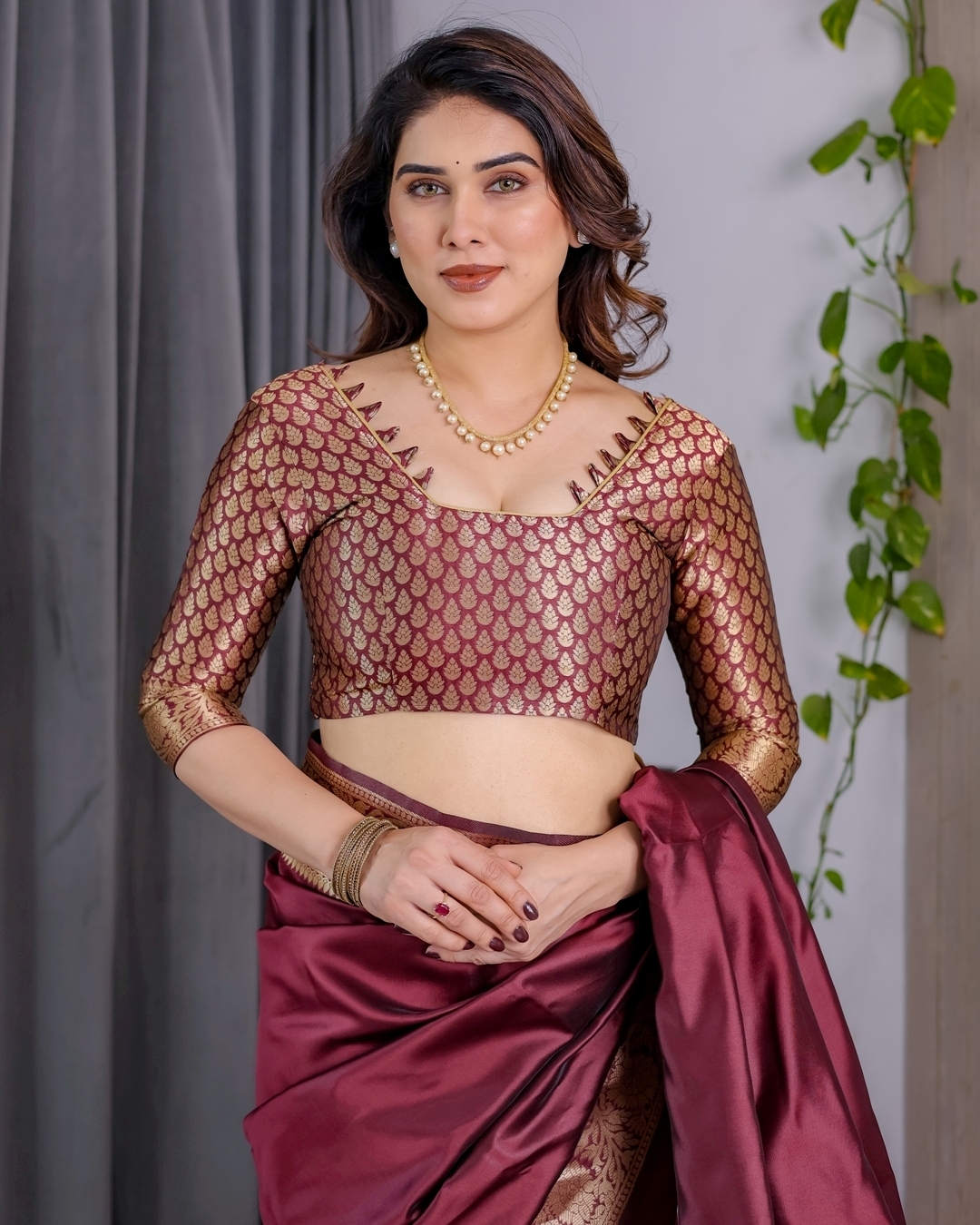 Wine Banarasi Soft Silk Saree With Golden Zari Border