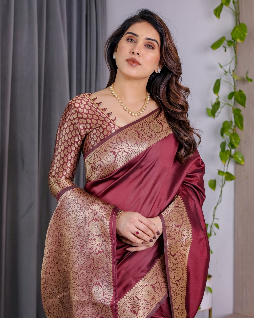 Wine Banarasi Soft Silk Saree With Golden Zari Border