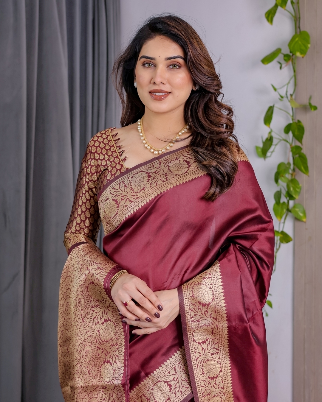 Wine Banarasi Soft Silk Saree With Golden Zari Border