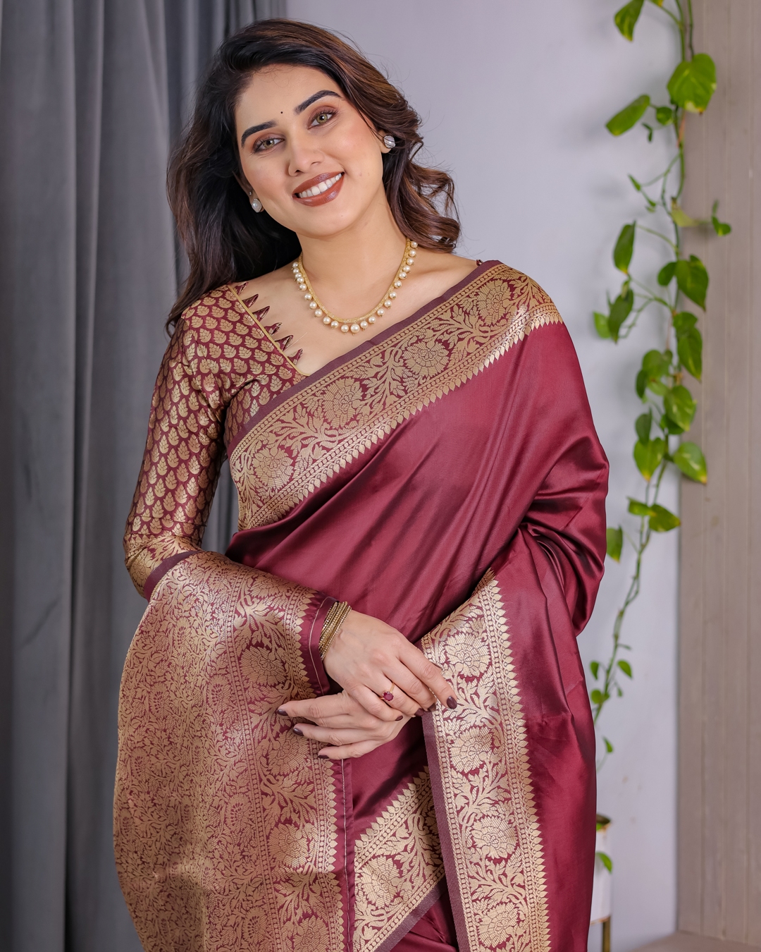Wine Banarasi Soft Silk Saree With Golden Zari Border