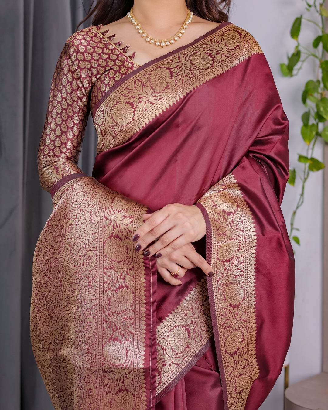 Wine Banarasi Soft Silk Saree With Golden Zari Border