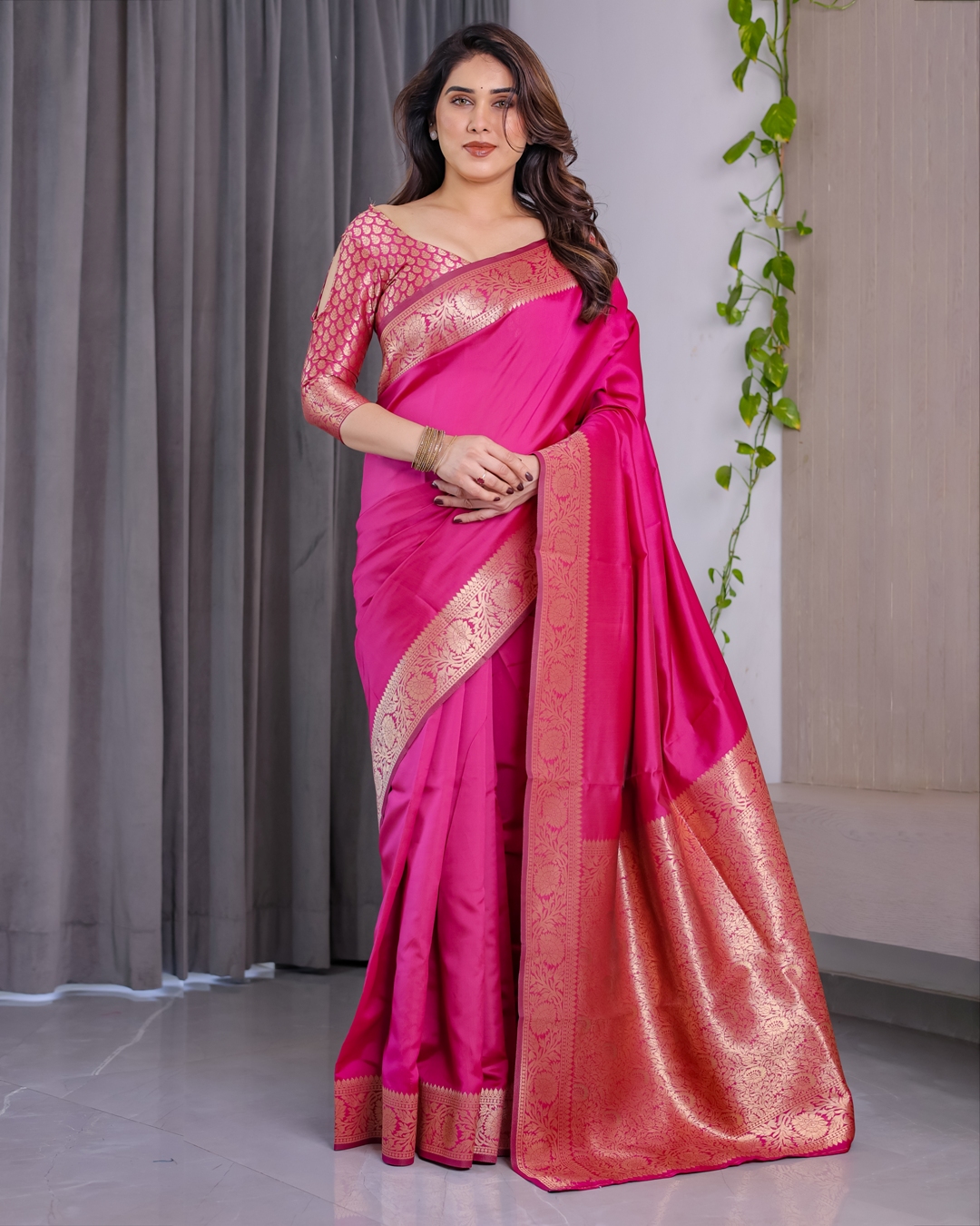 Rani Pink Banarasi Soft Silk Saree With Golden Zari Borders