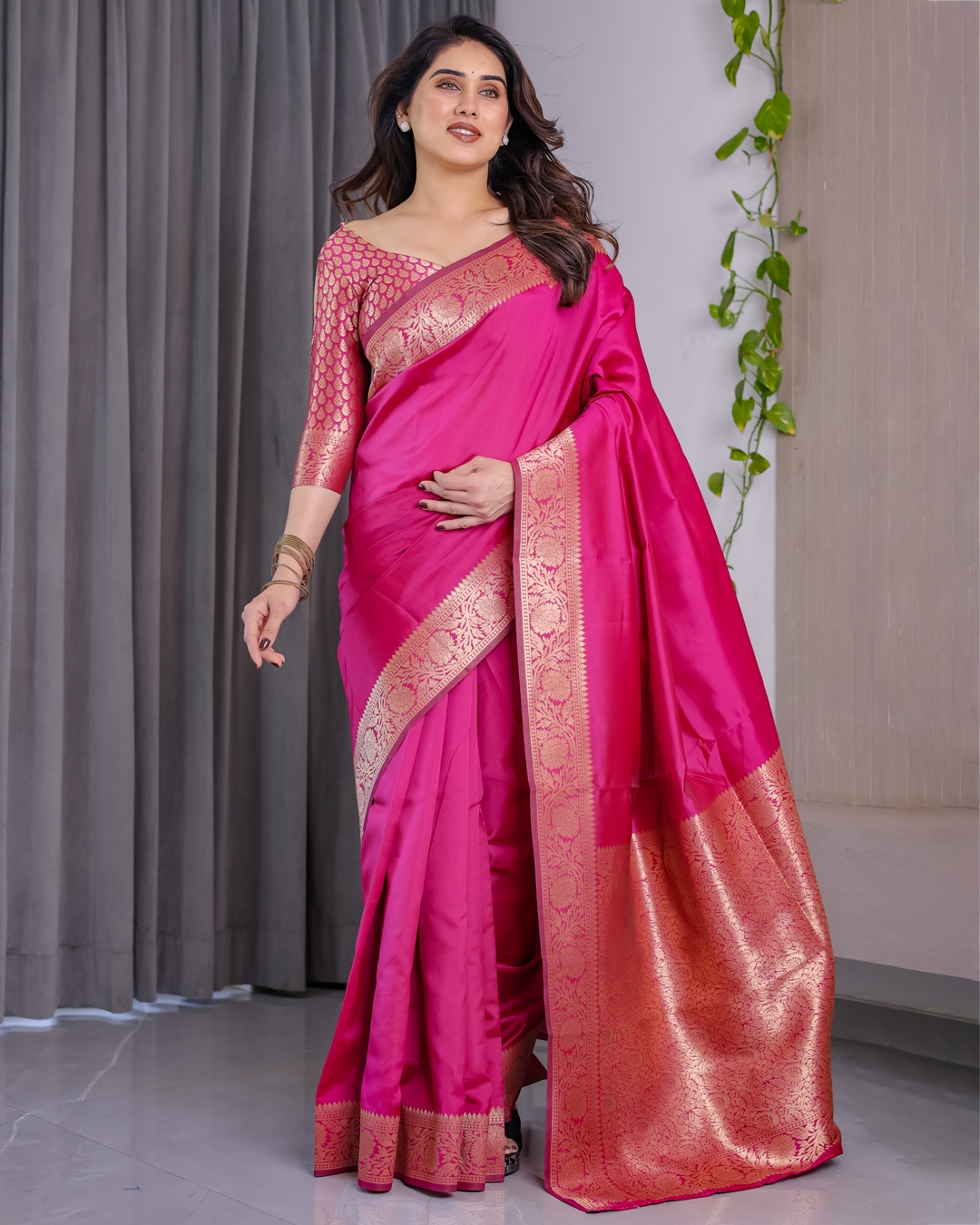 Rani Pink Banarasi Soft Silk Saree With Golden Zari Borders