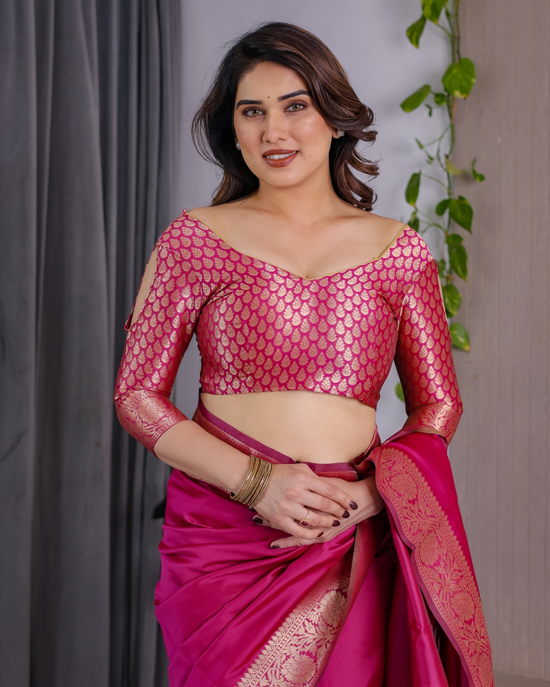 Rani Pink Banarasi Soft Silk Saree With Golden Zari Borders