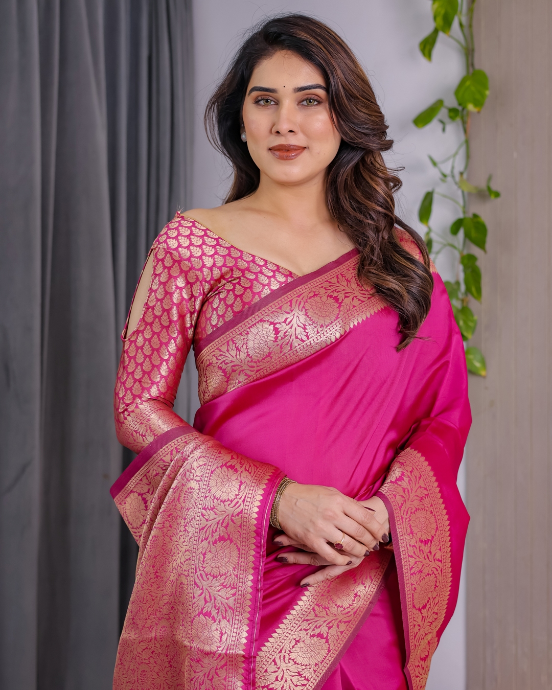 Rani Pink Banarasi Soft Silk Saree With Golden Zari Borders
