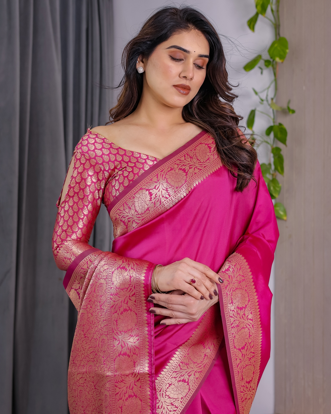 Rani Pink Banarasi Soft Silk Saree With Golden Zari Borders