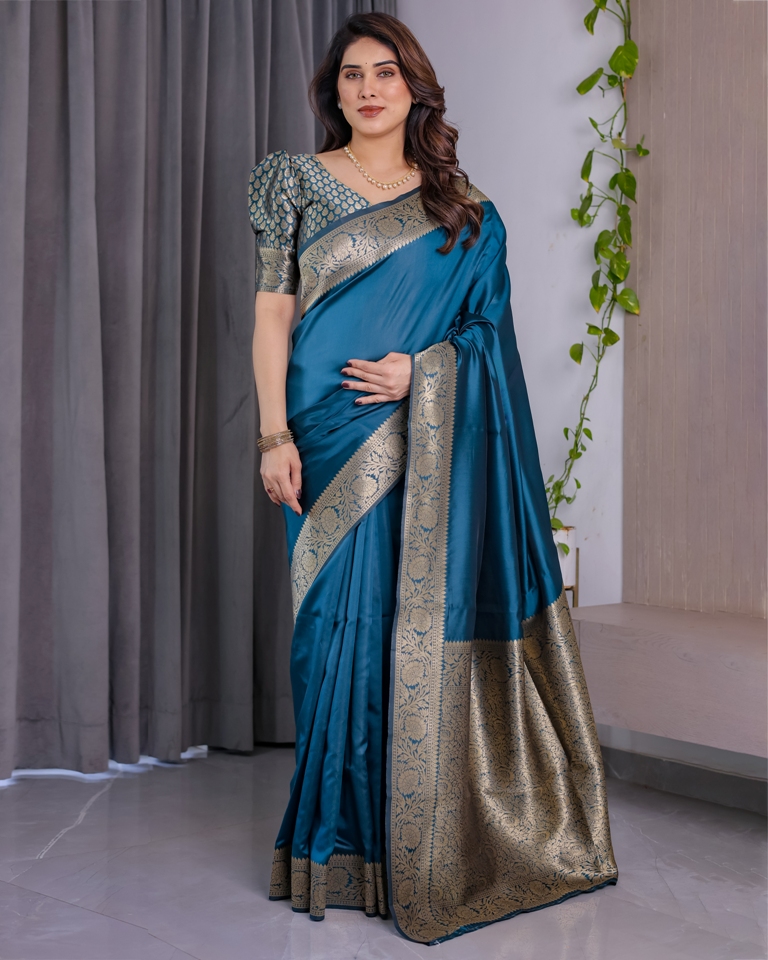 Teal Blue Banarasi Soft Silk Saree With Golden Zari Border