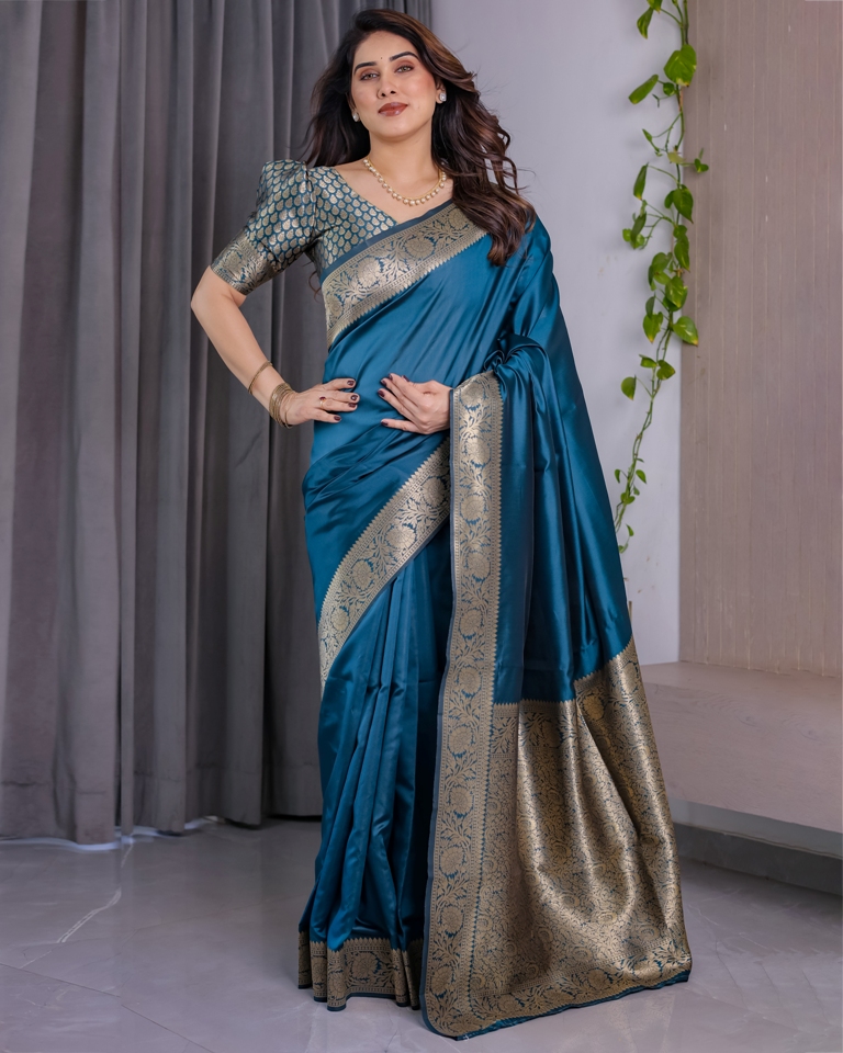 Teal Blue Banarasi Soft Silk Saree With Golden Zari Border