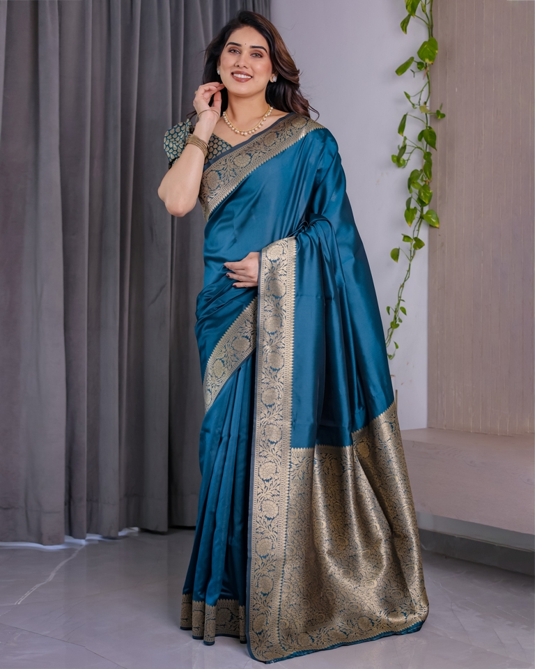 Teal Blue Banarasi Soft Silk Saree With Golden Zari Border