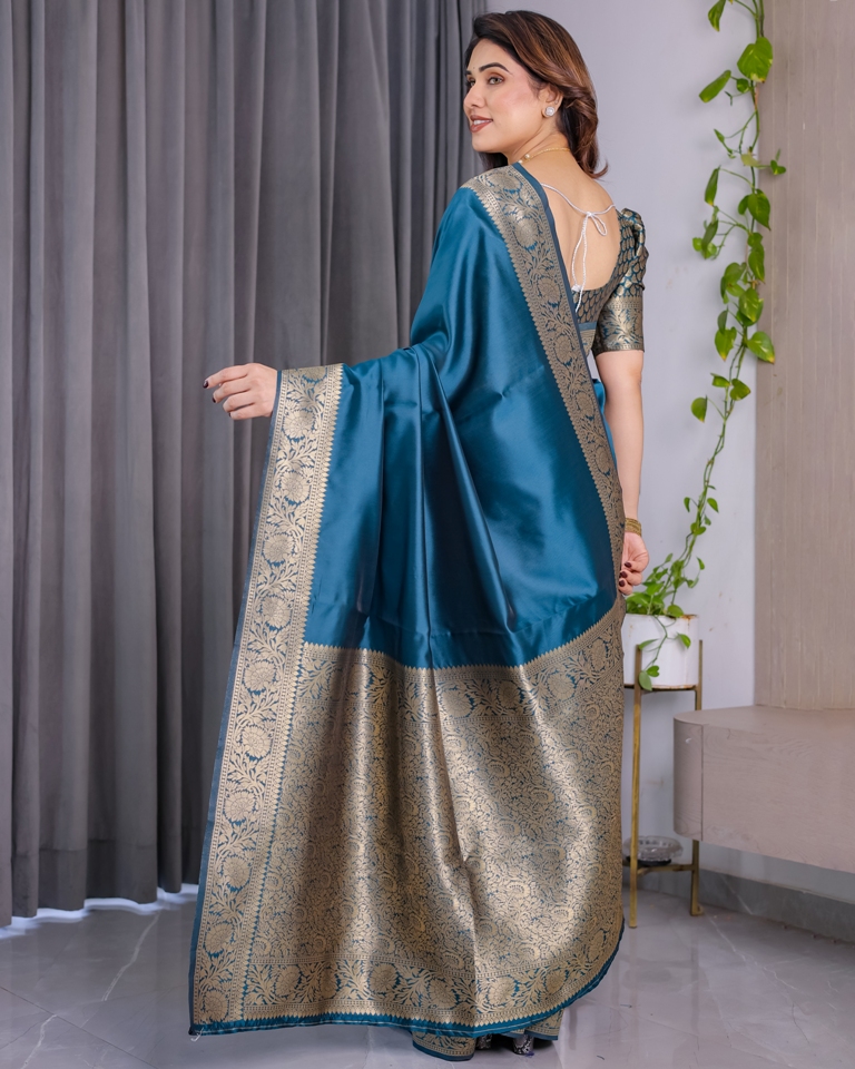 Teal Blue Banarasi Soft Silk Saree With Golden Zari Border
