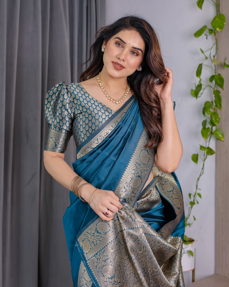 Teal Blue Banarasi Soft Silk Saree With Golden Zari Border