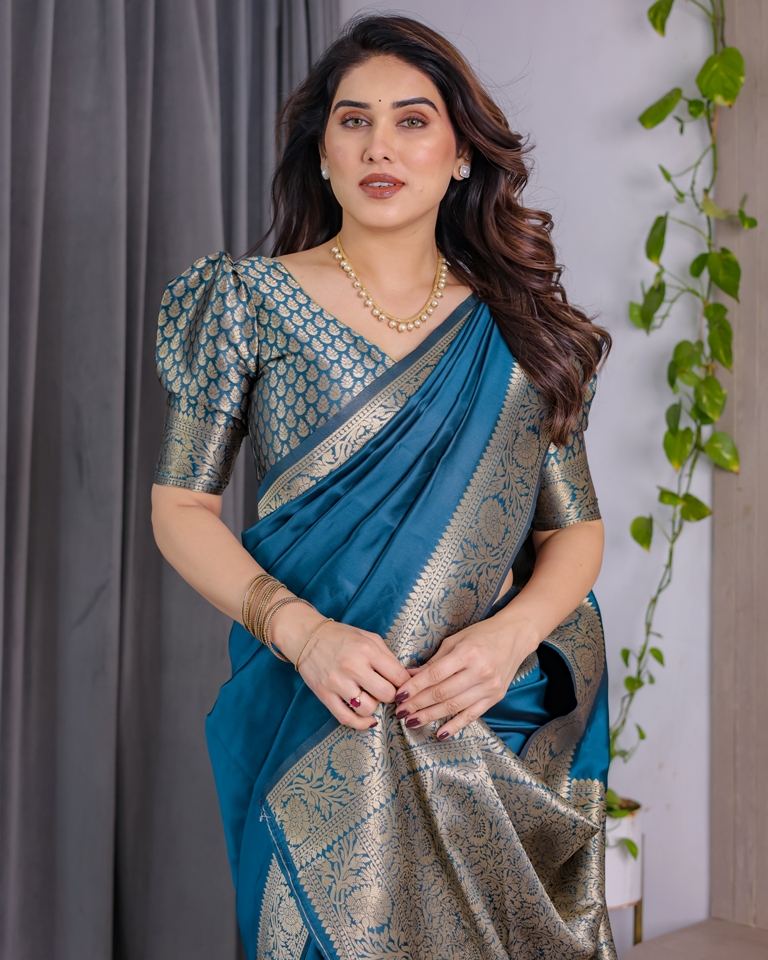 Teal Blue Banarasi Soft Silk Saree With Golden Zari Border