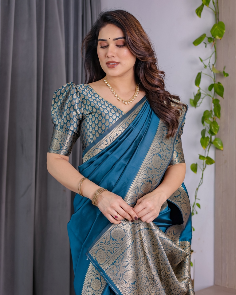 Teal Blue Banarasi Soft Silk Saree With Golden Zari Border