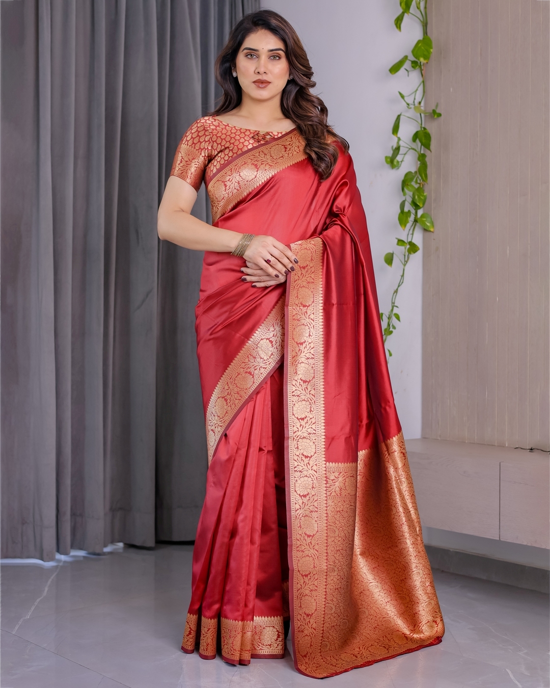 Red Banarasi Silk Saree With Rich Golden Zari Floral Border