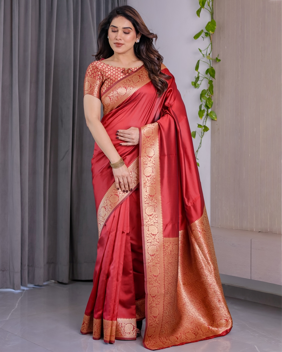 Red Banarasi Silk Saree With Rich Golden Zari Floral Border