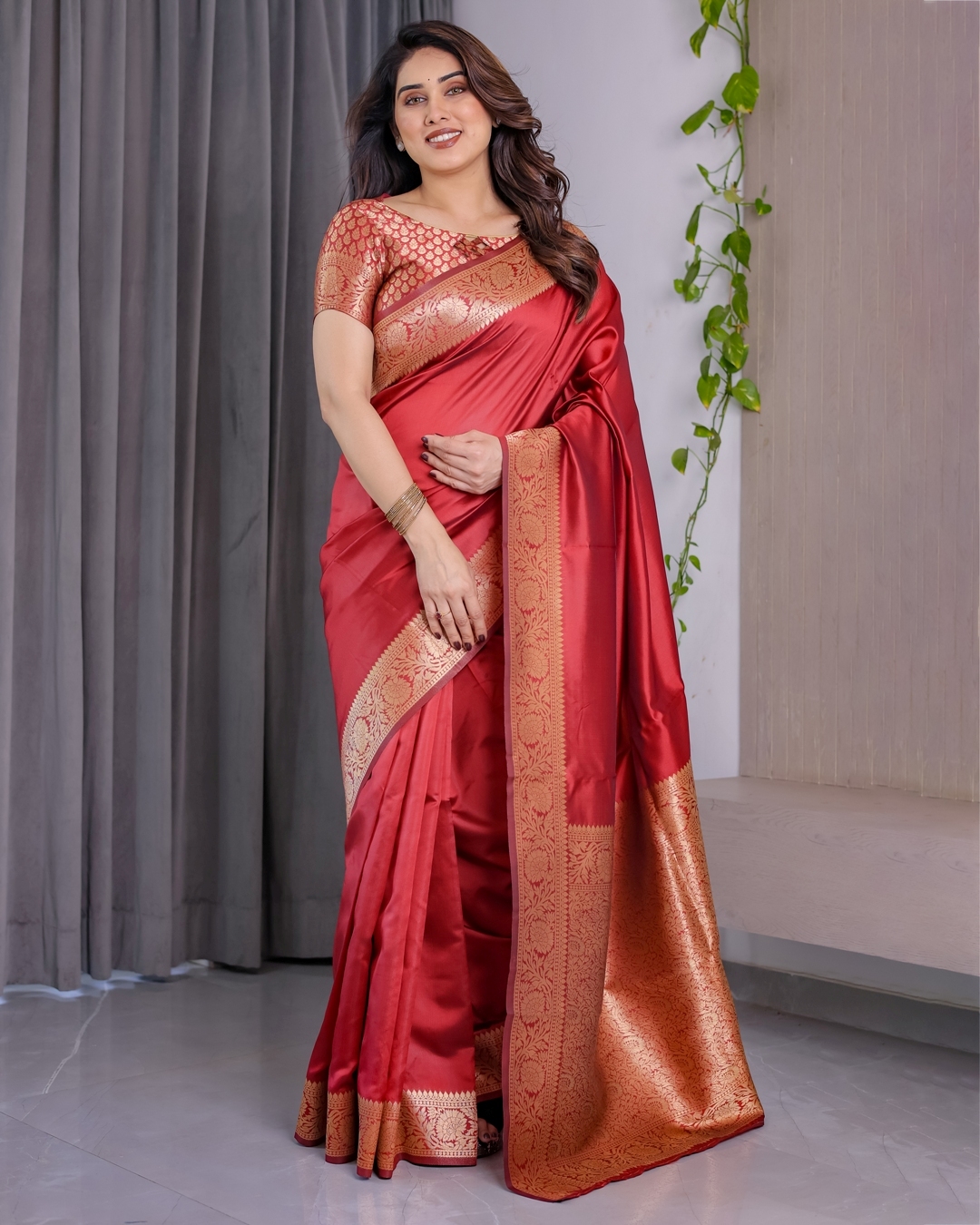 Red Banarasi Silk Saree With Rich Golden Zari Floral Border