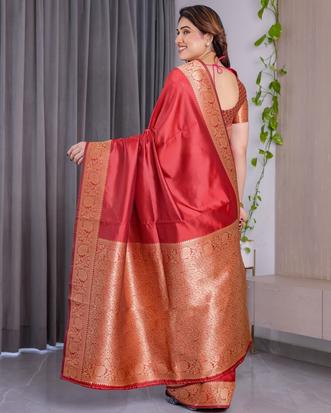 Red Banarasi Silk Saree With Rich Golden Zari Floral Border