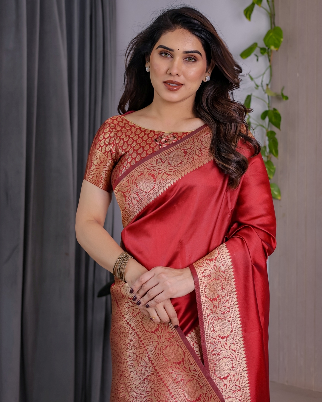 Red Banarasi Silk Saree With Rich Golden Zari Floral Border