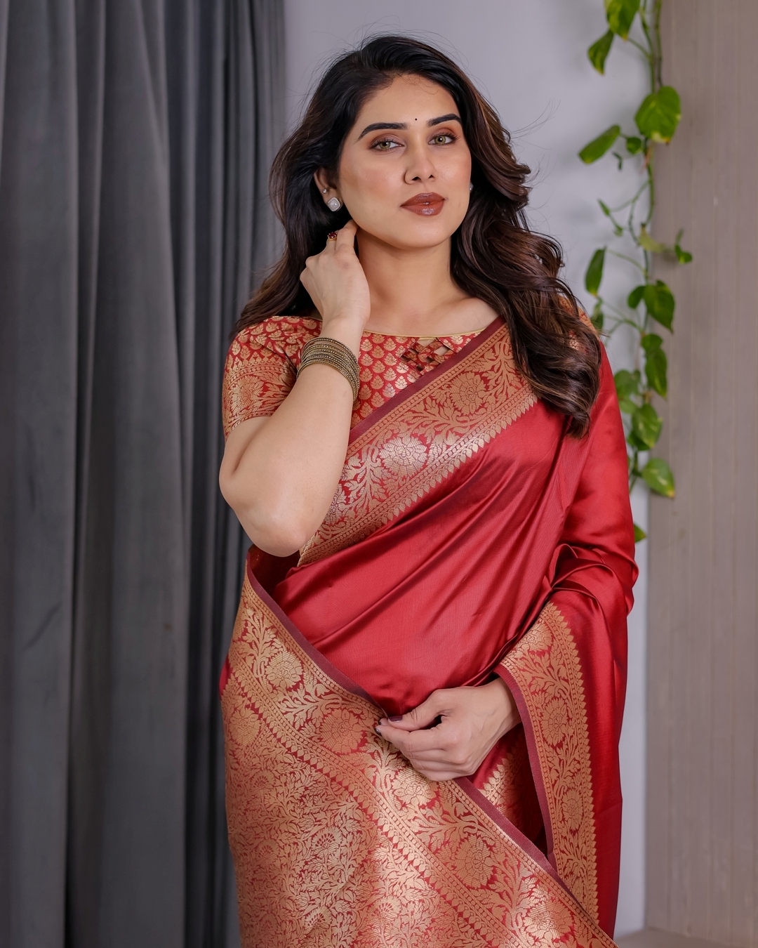 Red Banarasi Silk Saree With Rich Golden Zari Floral Border